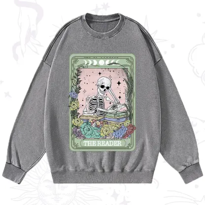 Purplehecate The Reader Bookworm Tarot Skeleton Washed Sweatshirt
