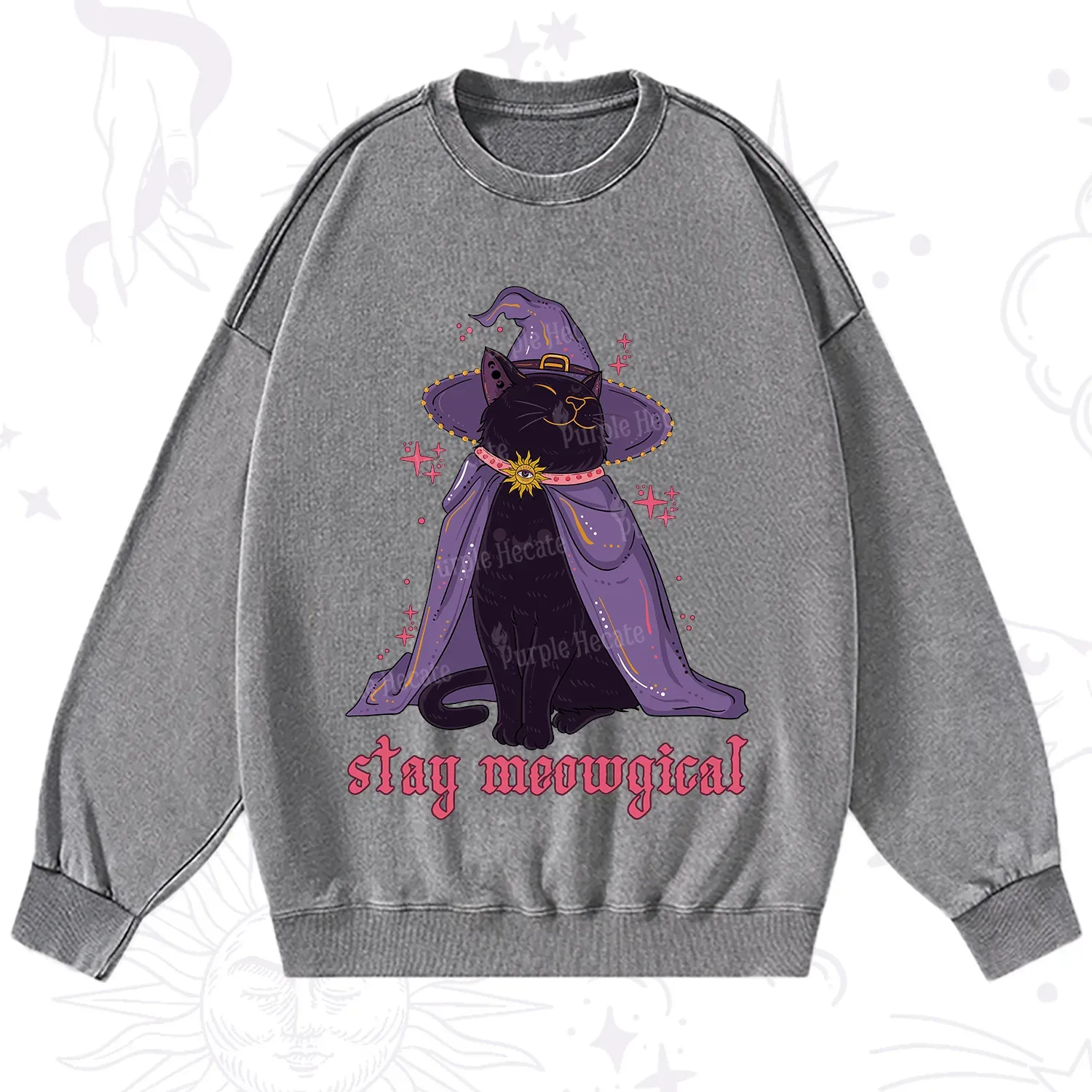 Purplehecate Stay Meowgical Cat Washed Sweatshirt
