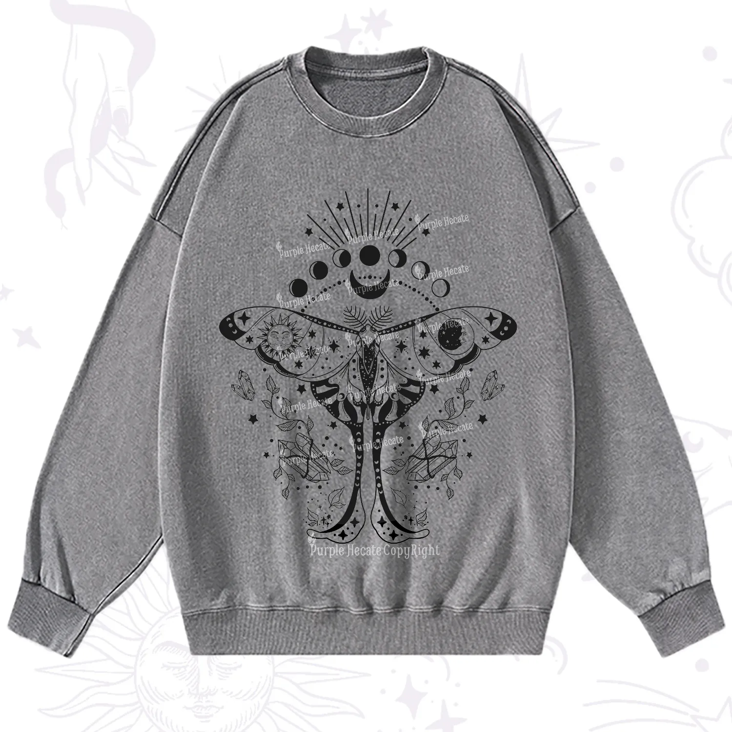 Purplehecate Moonlit Celestial Moth Washed Sweatshirt