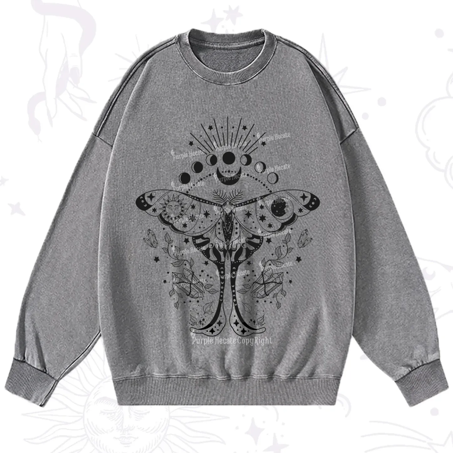 Purplehecate Moonlit Celestial Moth Washed Sweatshirt