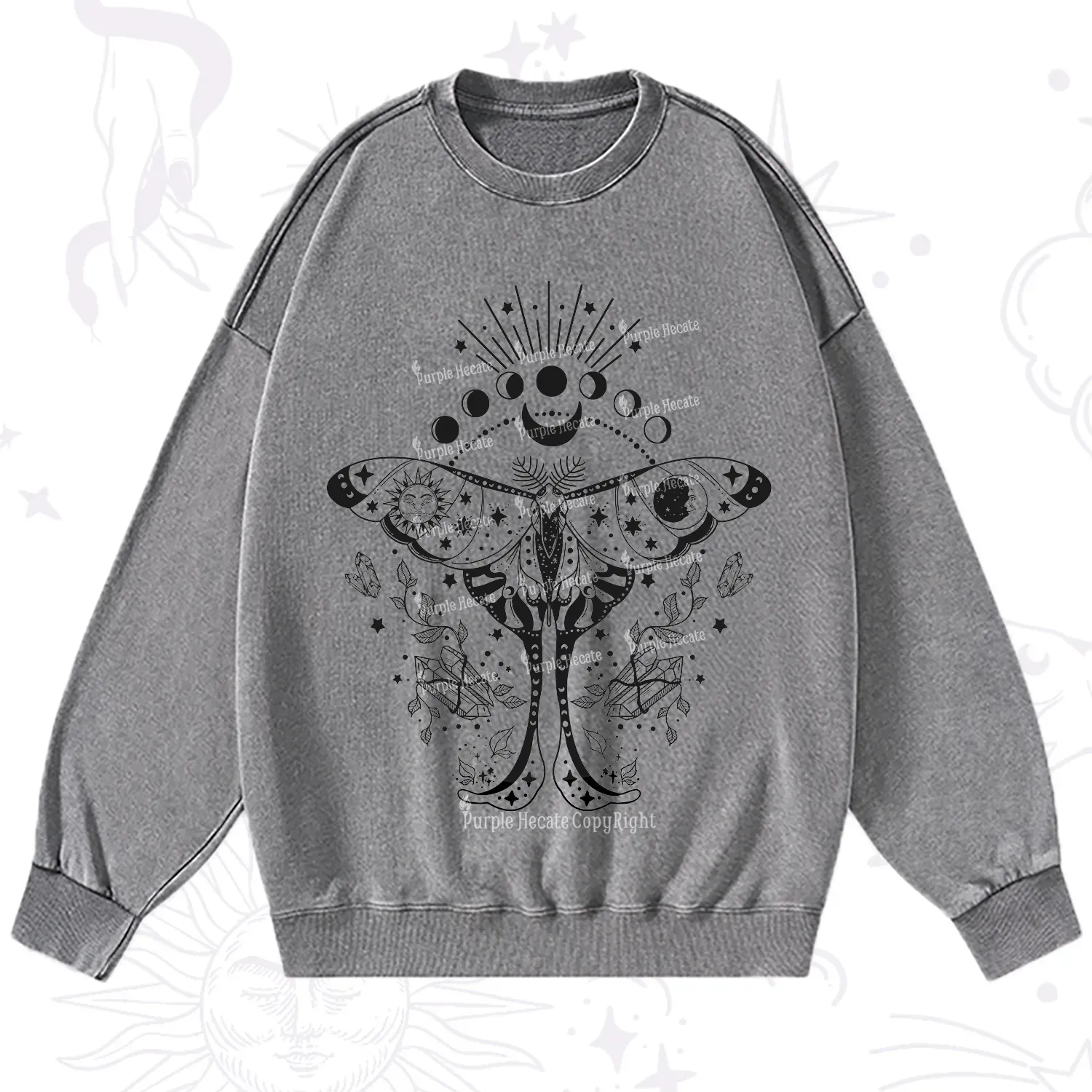 Purplehecate Moonlit Celestial Moth Washed Sweatshirt