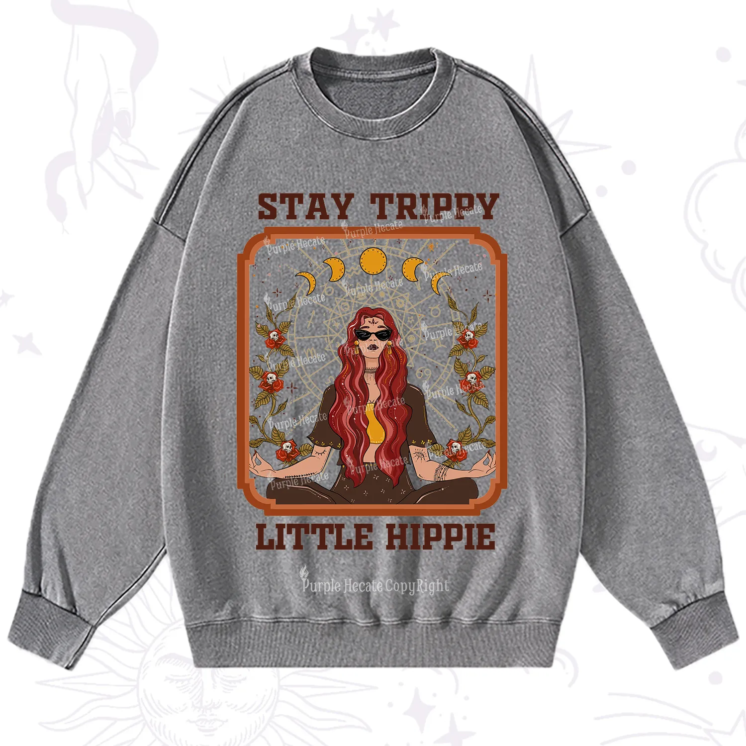 Purplehecate Stay Trippy Little Witchy Hippie Washed Sweatshirt