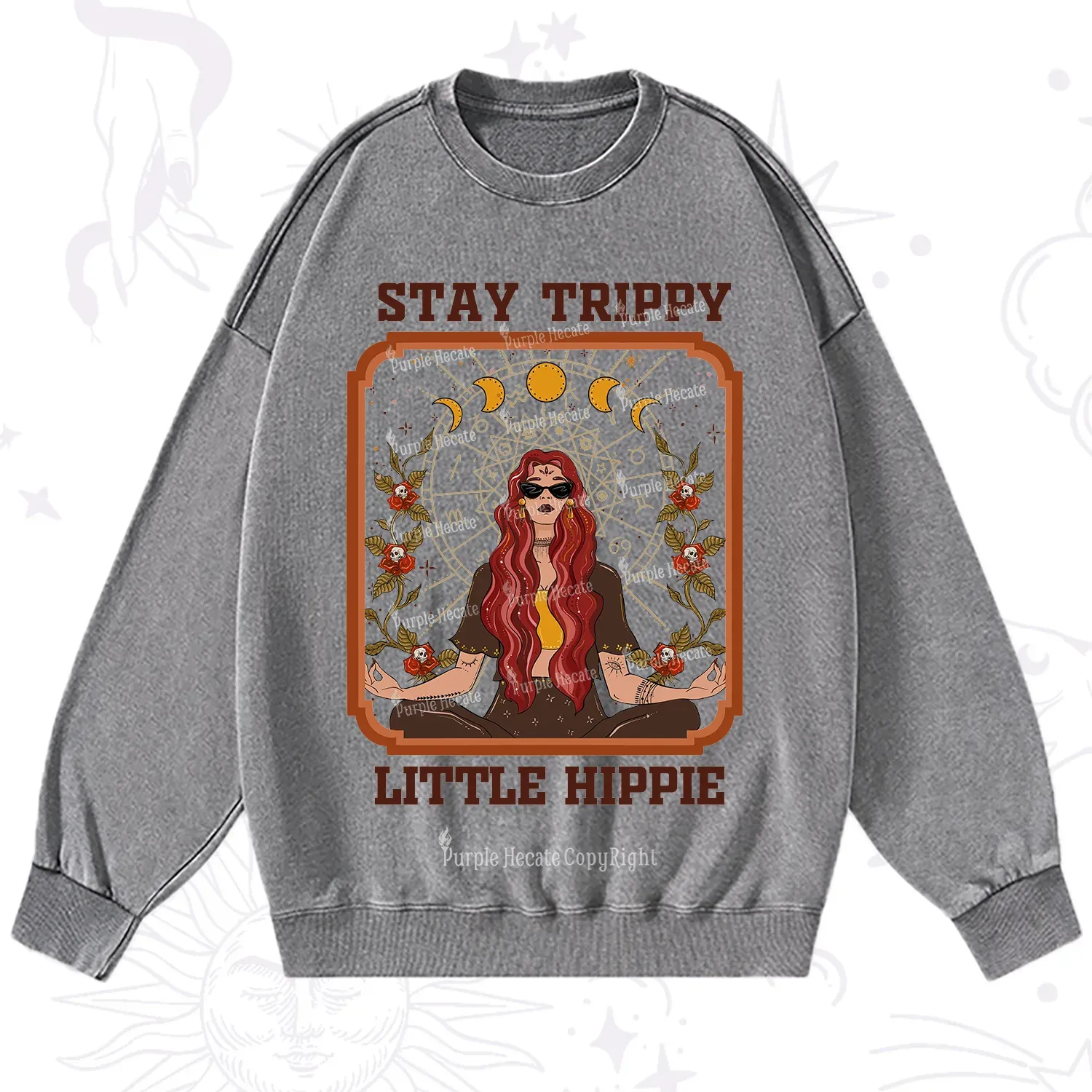 Purplehecate Stay Trippy Little Witchy Hippie Washed Sweatshirt