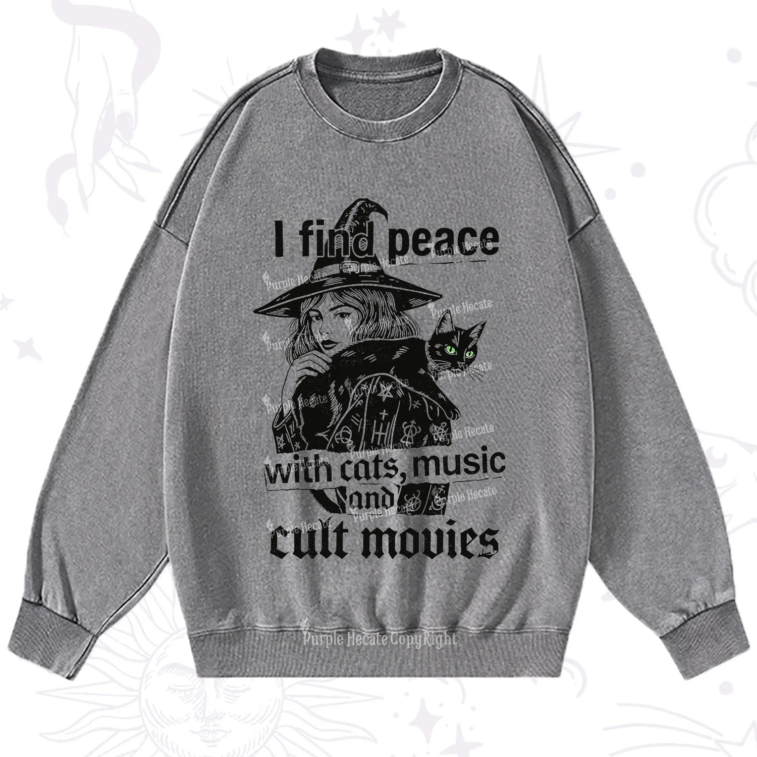 Purplehecate I Find Peace With Cats Music Cult Movies Washed Sweatshirt