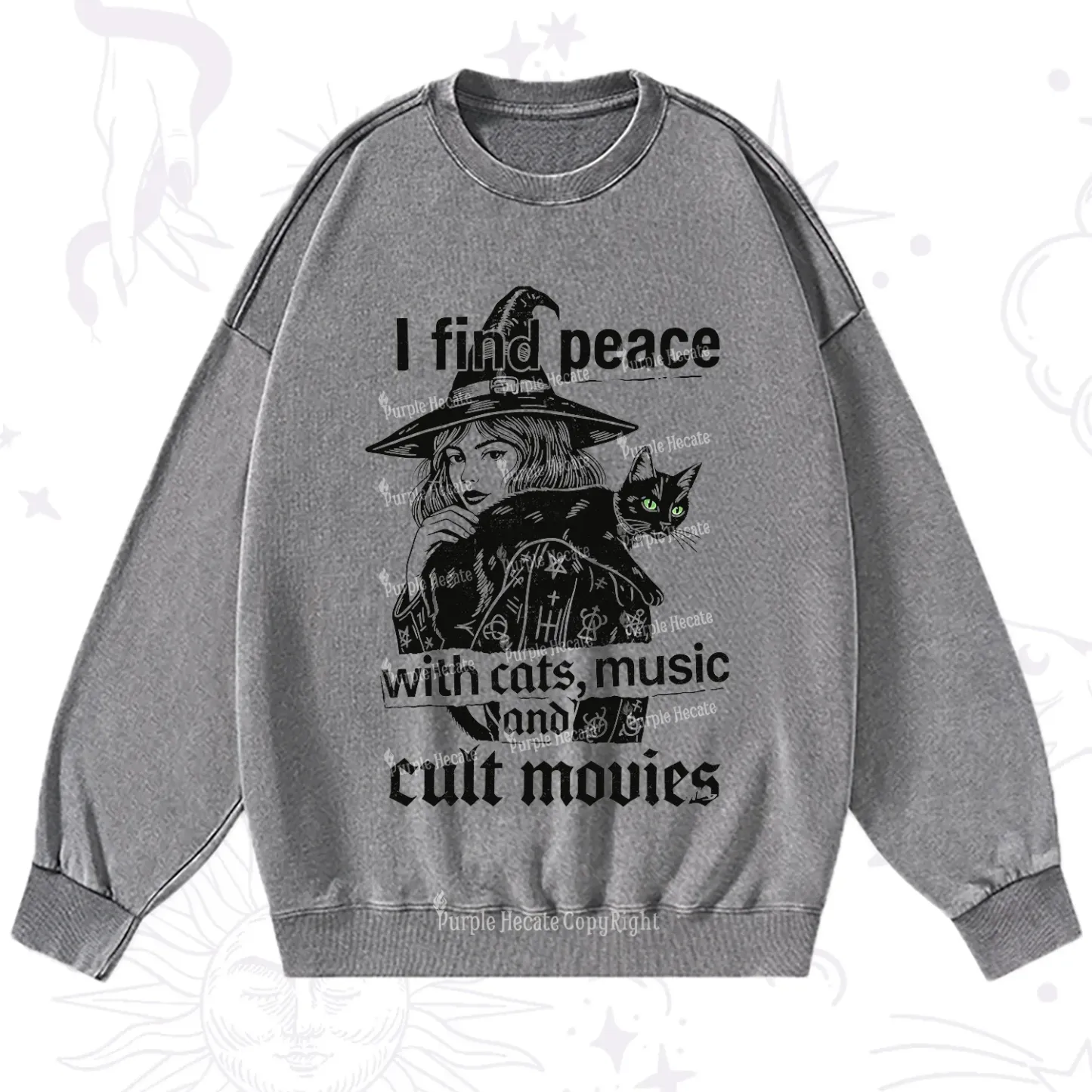 Purplehecate I Find Peace With Cats Music Cult Movies Washed Sweatshirt