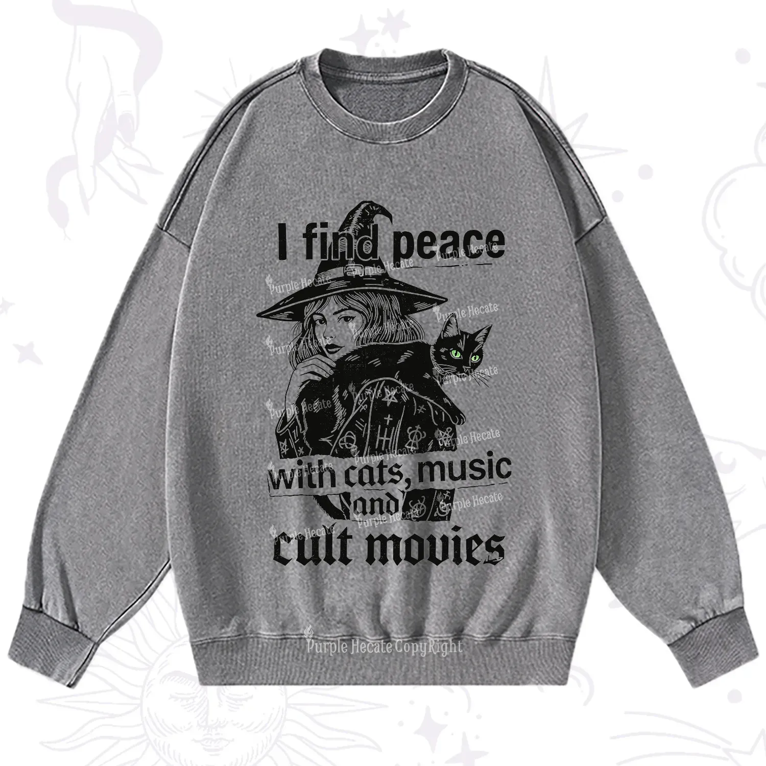 Purplehecate I Find Peace With Cats Music Cult Movies Washed Sweatshirt