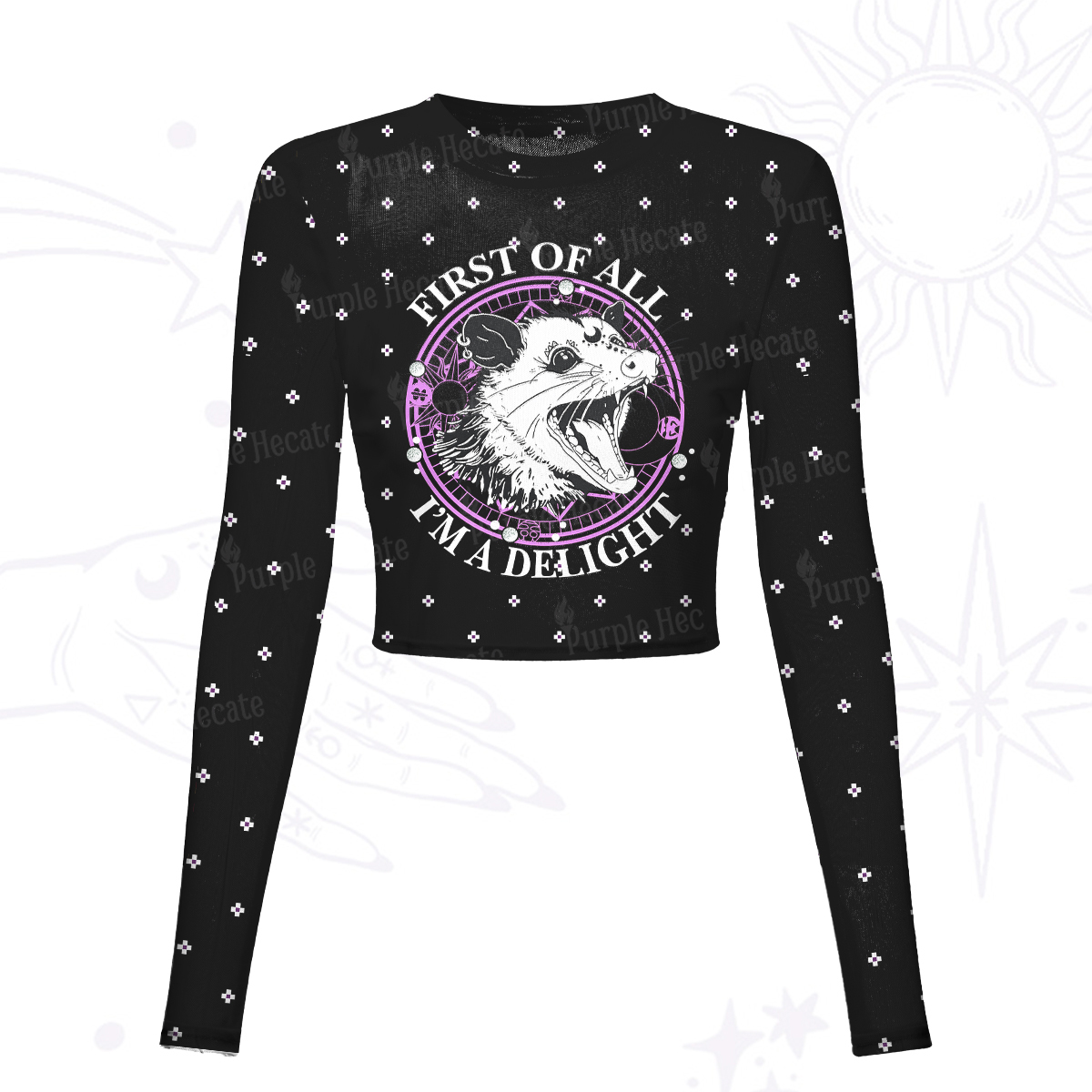 Purplehecate First Of All I'm A Delightful Opossum Mesh Long Sleeve Crop Top