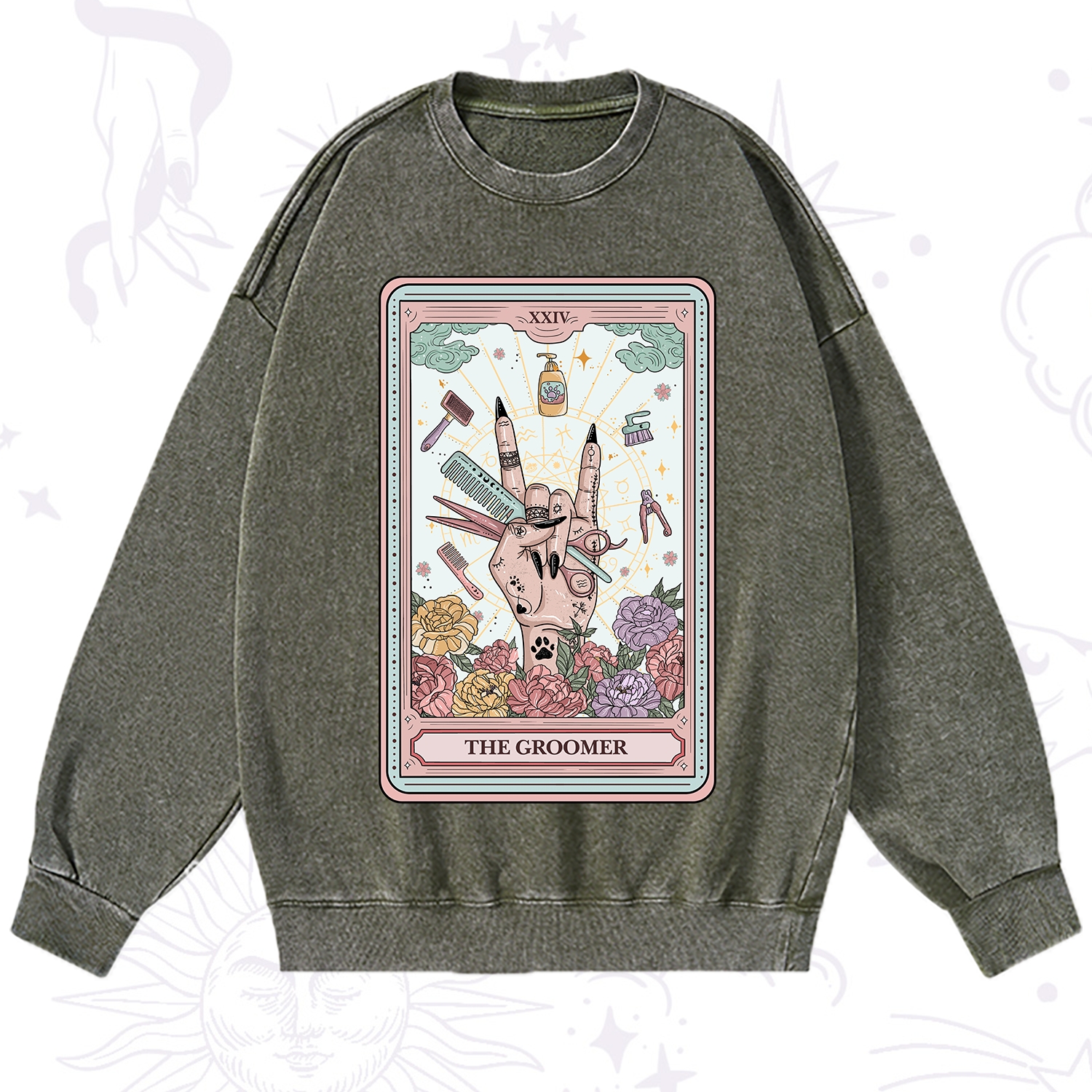 Purplehecate The Pet Groomer Tarot Card Washed Sweatshirt