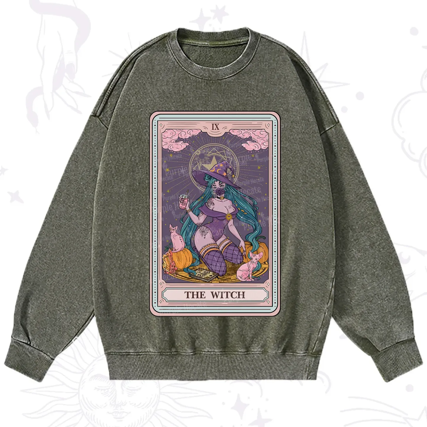 Purplehecate The Witch Tarot Halloween Washed Sweatshirt