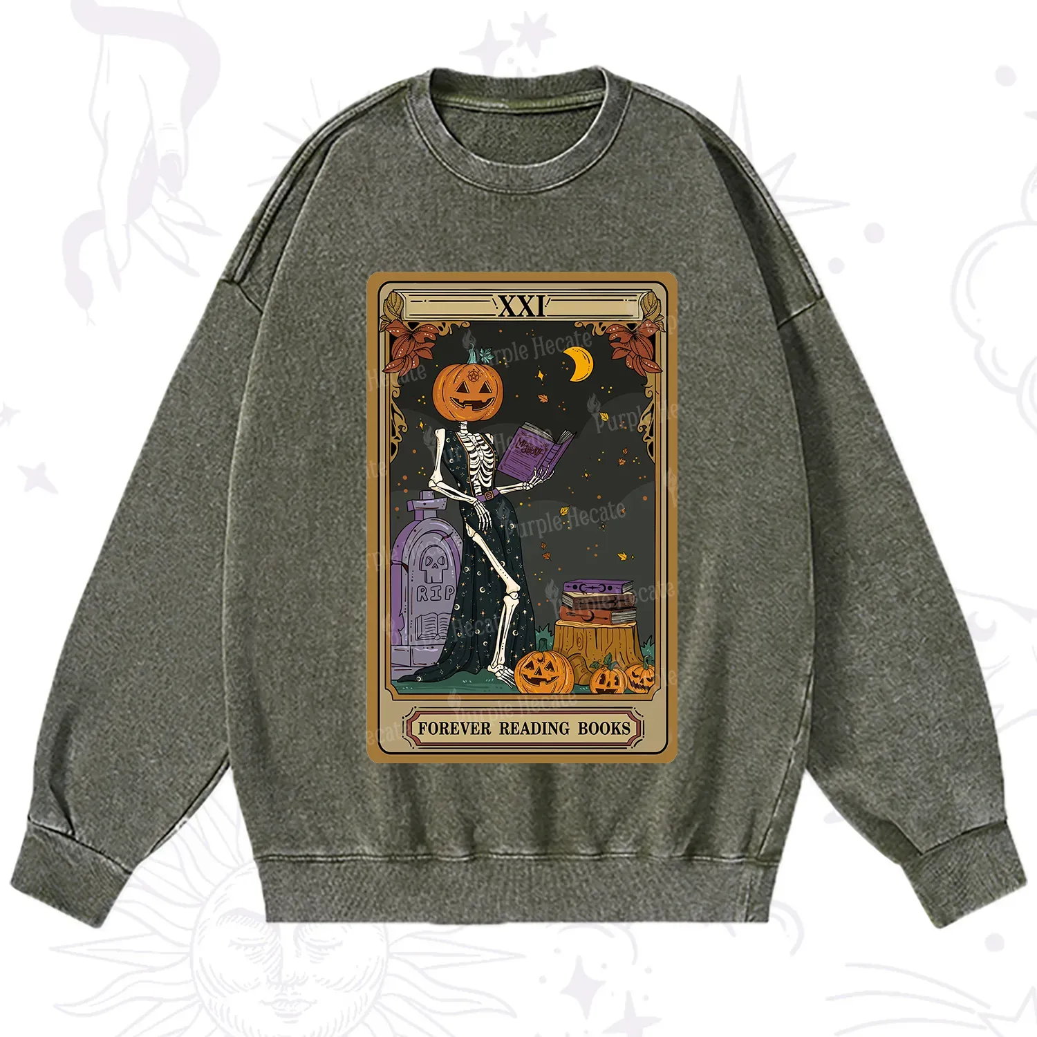 Purplehecate The Forever Reading Books Tarot Halloween Washed Sweatshirt
