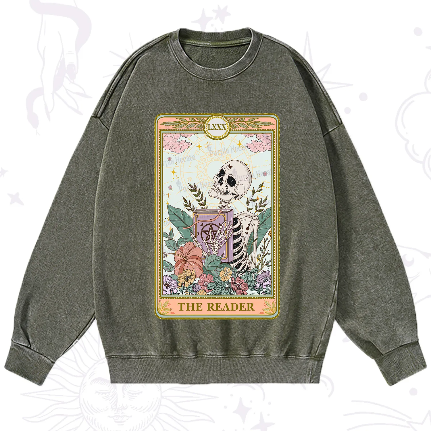 Purplehecate The Reader Occult Tarot Skeleton Washed Sweatshirt