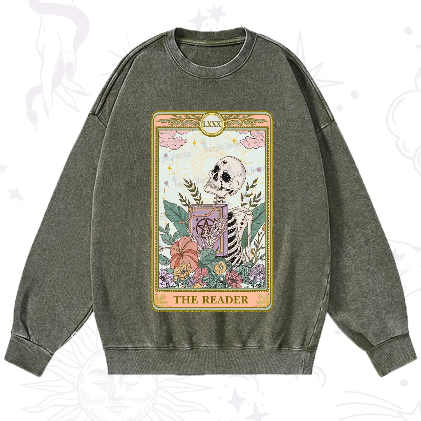 Purplehecate The Reader Occult Tarot Skeleton Washed Sweatshirt