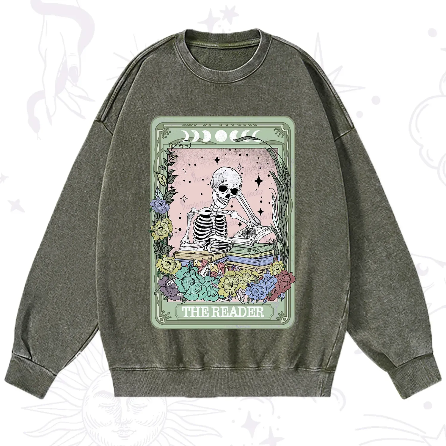 Purplehecate The Reader Bookworm Tarot Skeleton Washed Sweatshirt