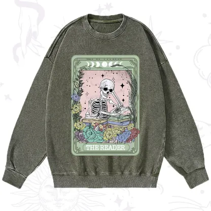 Purplehecate The Reader Bookworm Tarot Skeleton Washed Sweatshirt