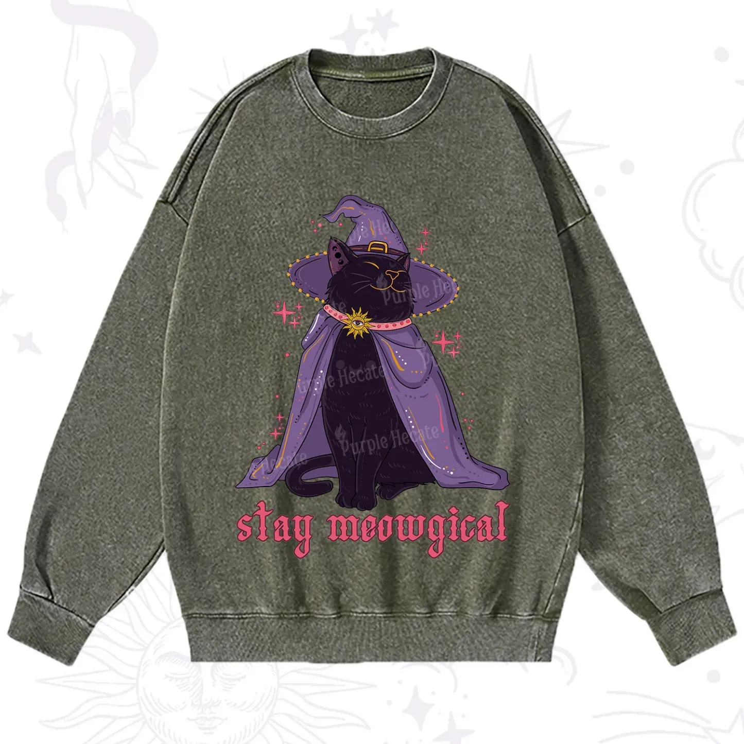 Purplehecate Stay Meowgical Cat Washed Sweatshirt