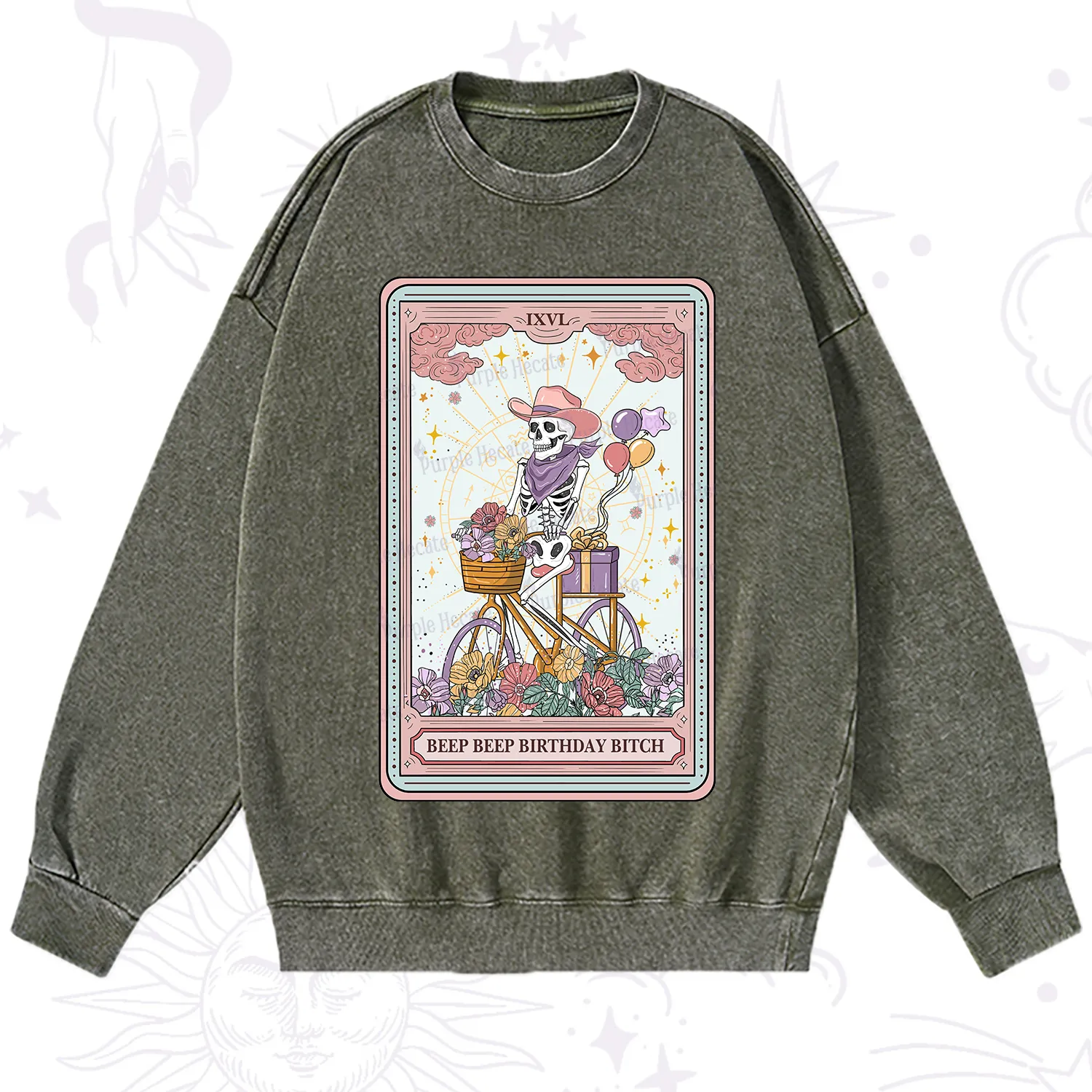 Purplehecate The Beep Beep Birthday Bitch Tarot Washed Sweatshirt