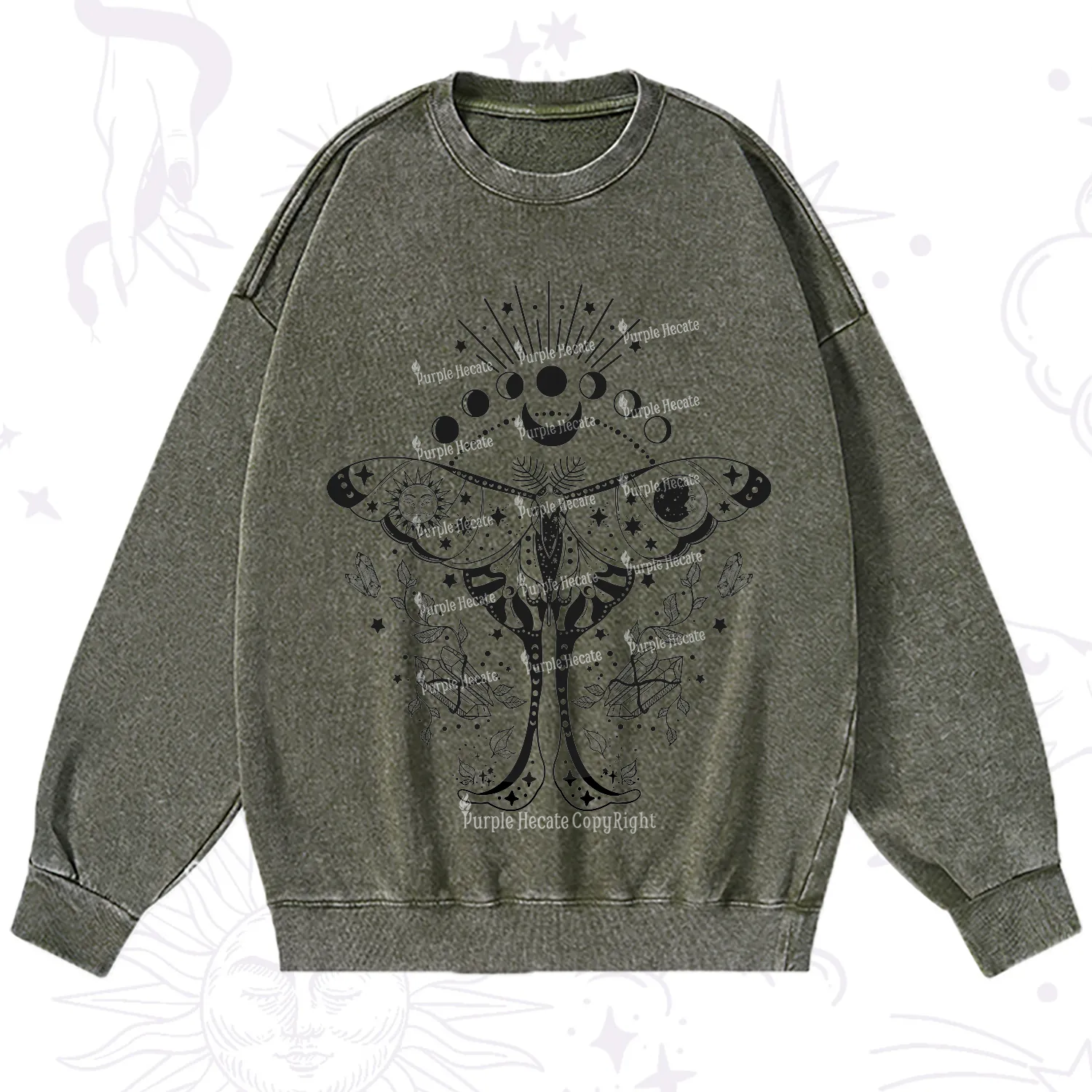 Purplehecate Moonlit Celestial Moth Washed Sweatshirt