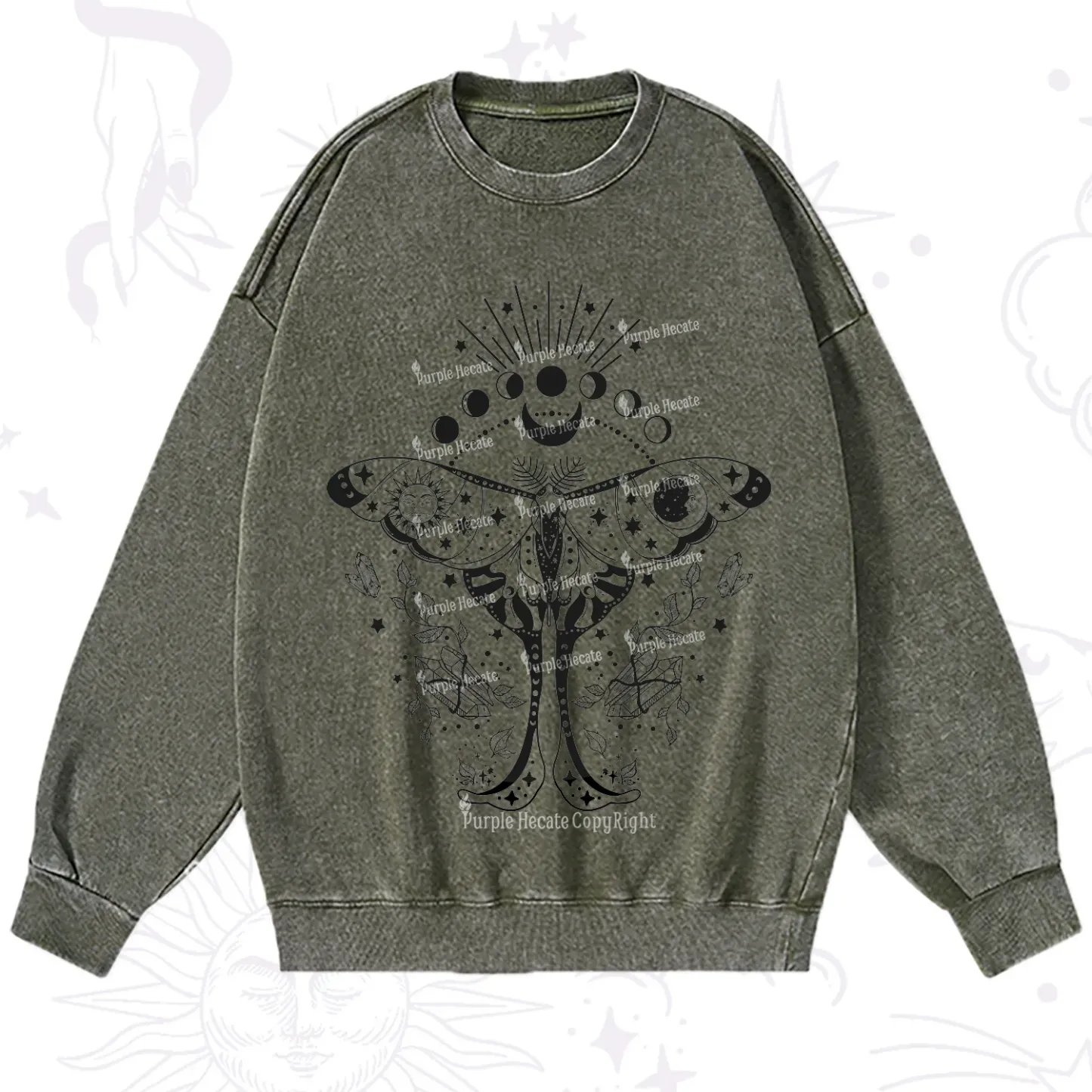 Purplehecate Moonlit Celestial Moth Washed Sweatshirt