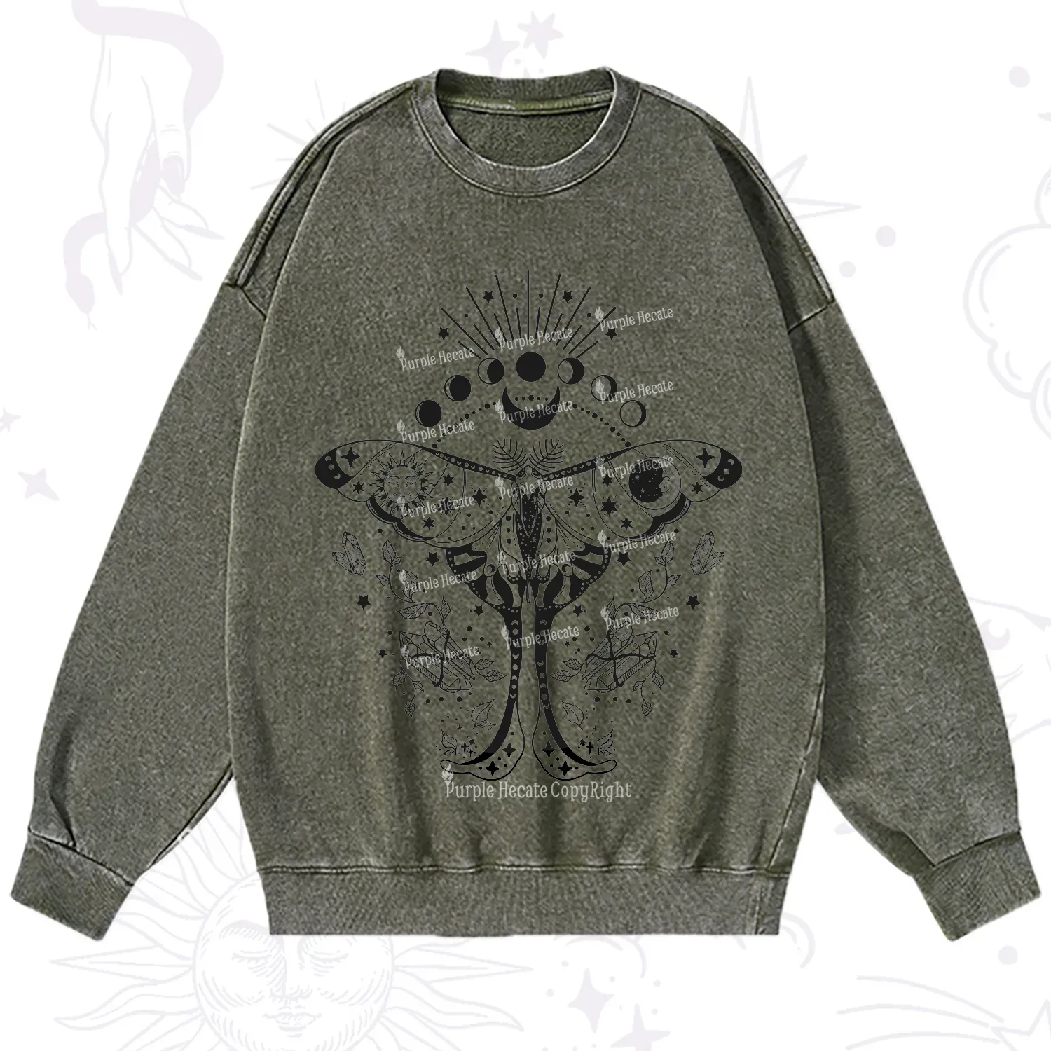 Purplehecate Moonlit Celestial Moth Washed Sweatshirt