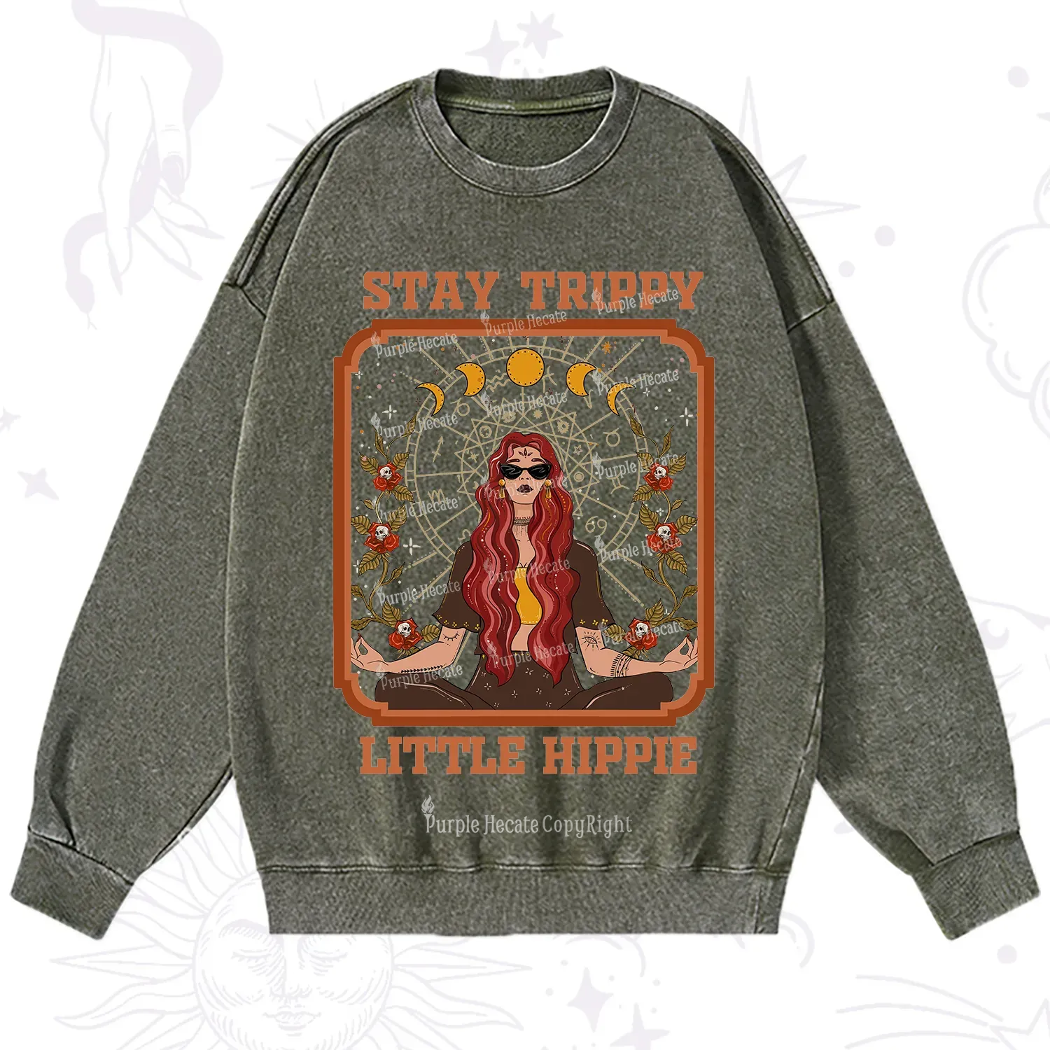 Purplehecate Stay Trippy Little Witchy Hippie Washed Sweatshirt