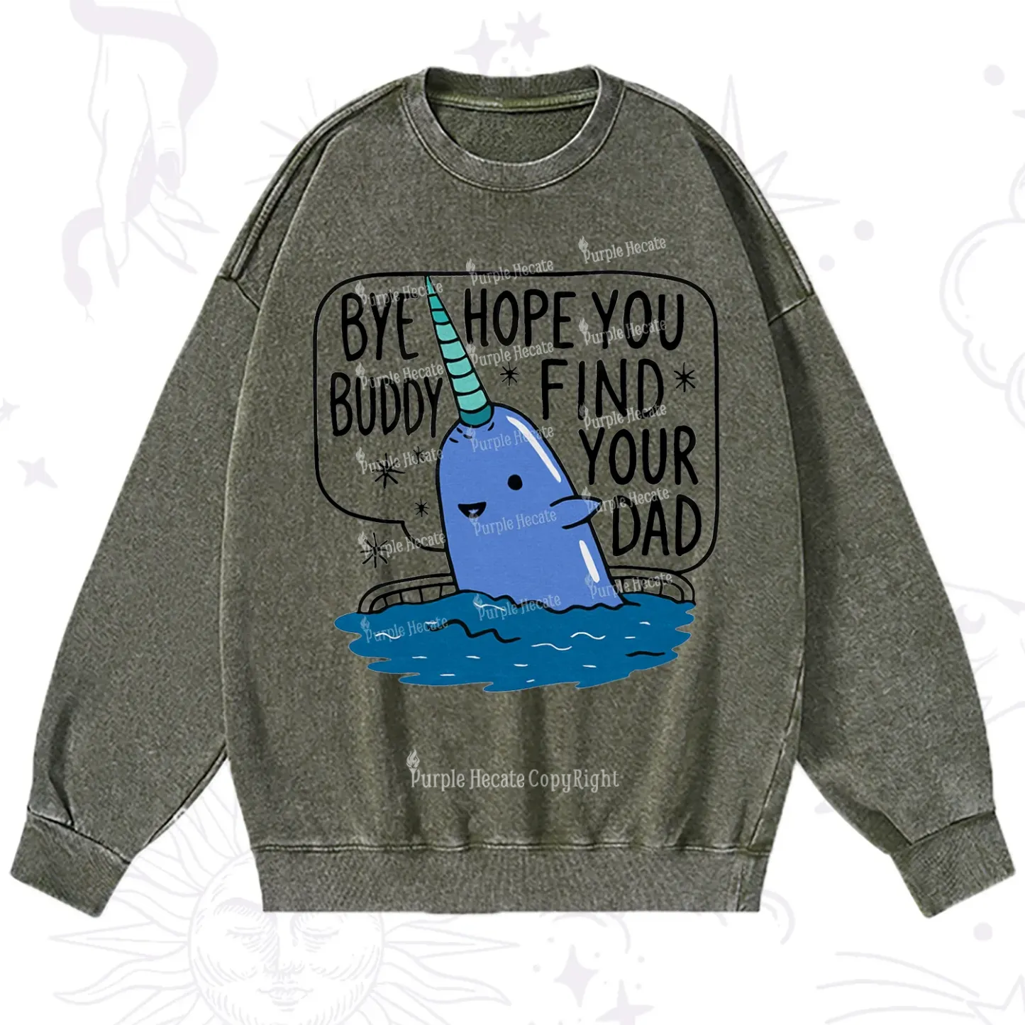 Purplehecate Good Luck Buddy Whale Christmas Washed Sweatshirt