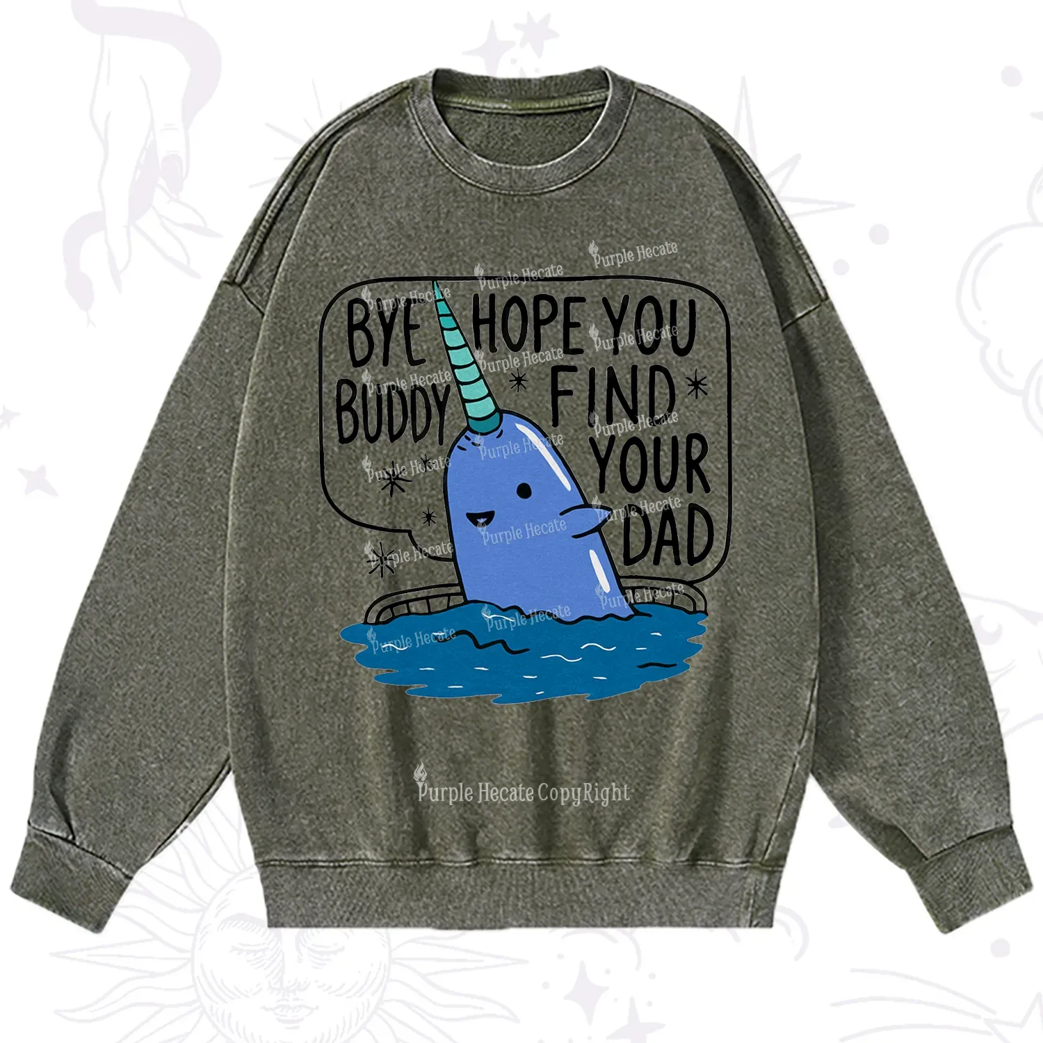 Purplehecate Good Luck Buddy Whale Christmas Washed Sweatshirt