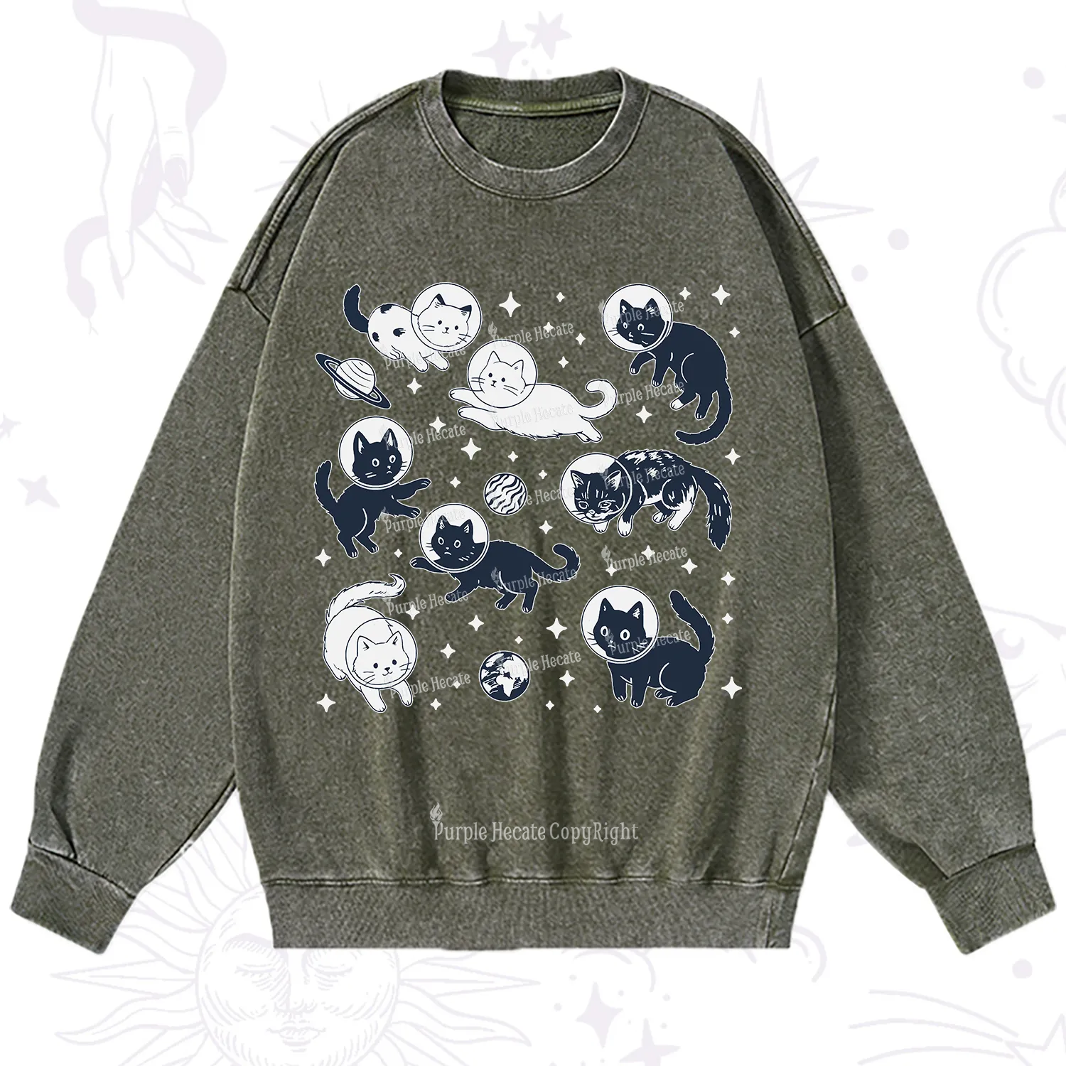 Purplehecate Cats in Space Washed Sweatshirt