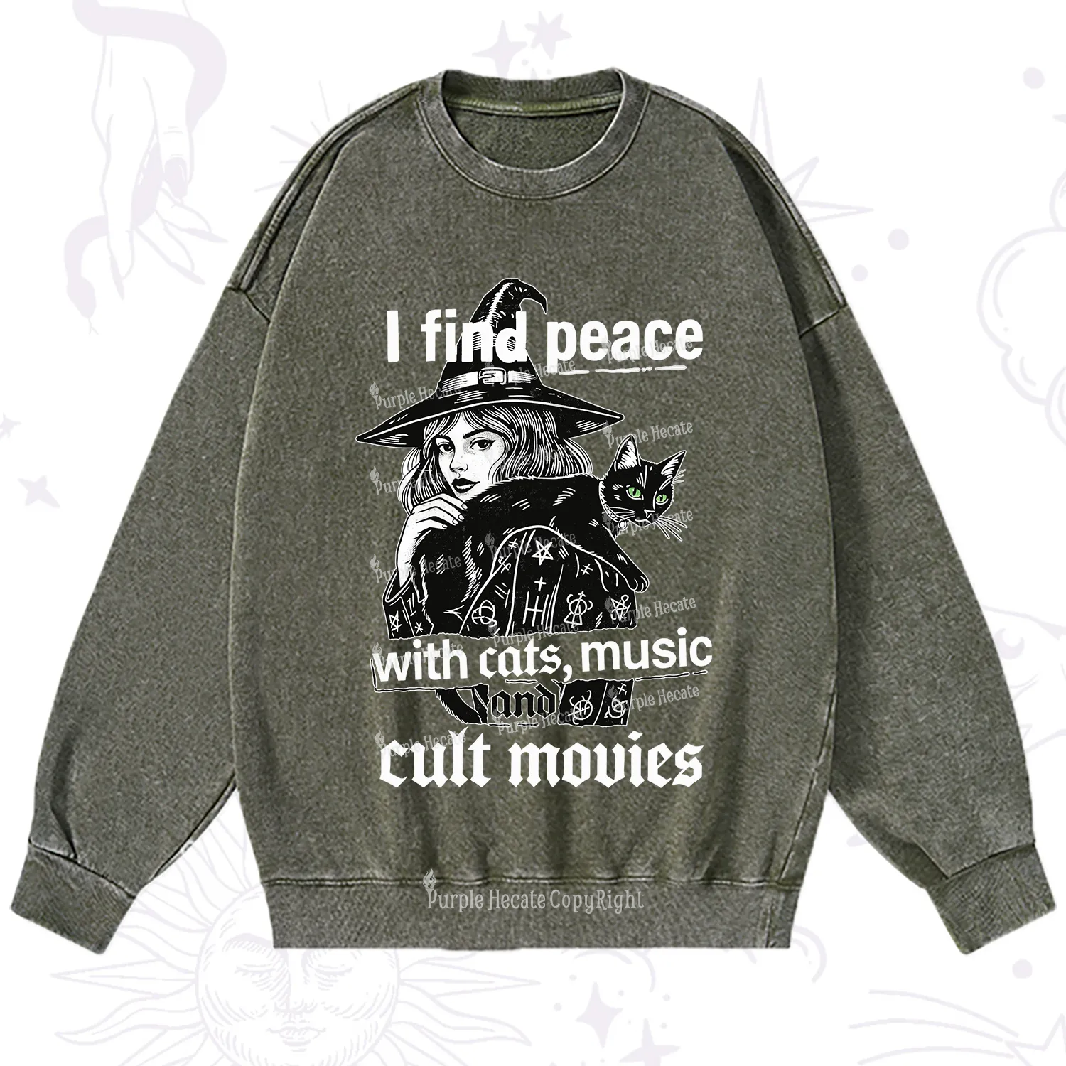 Purplehecate I Find Peace With Cats Music Cult Movies Washed Sweatshirt