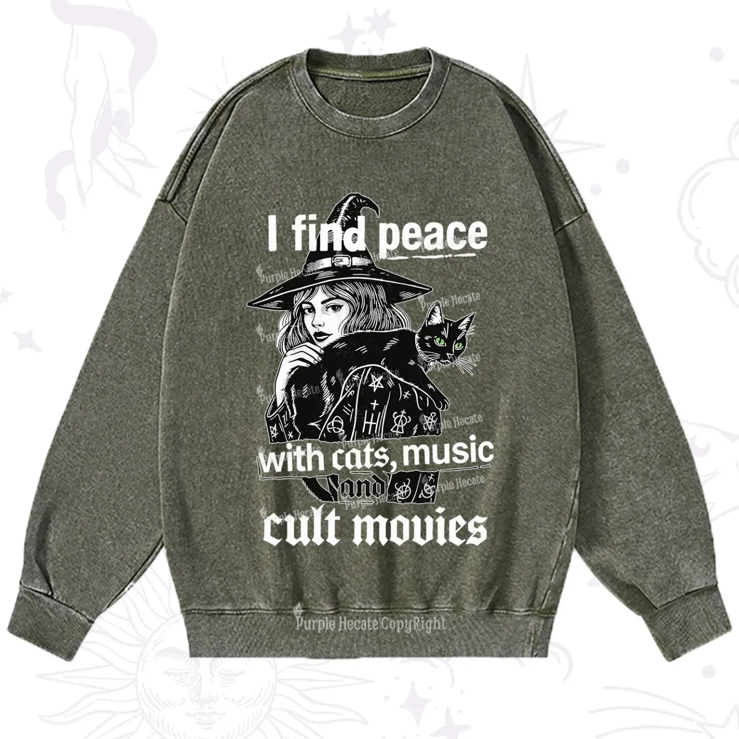 Purplehecate I Find Peace With Cats Music Cult Movies Washed Sweatshirt