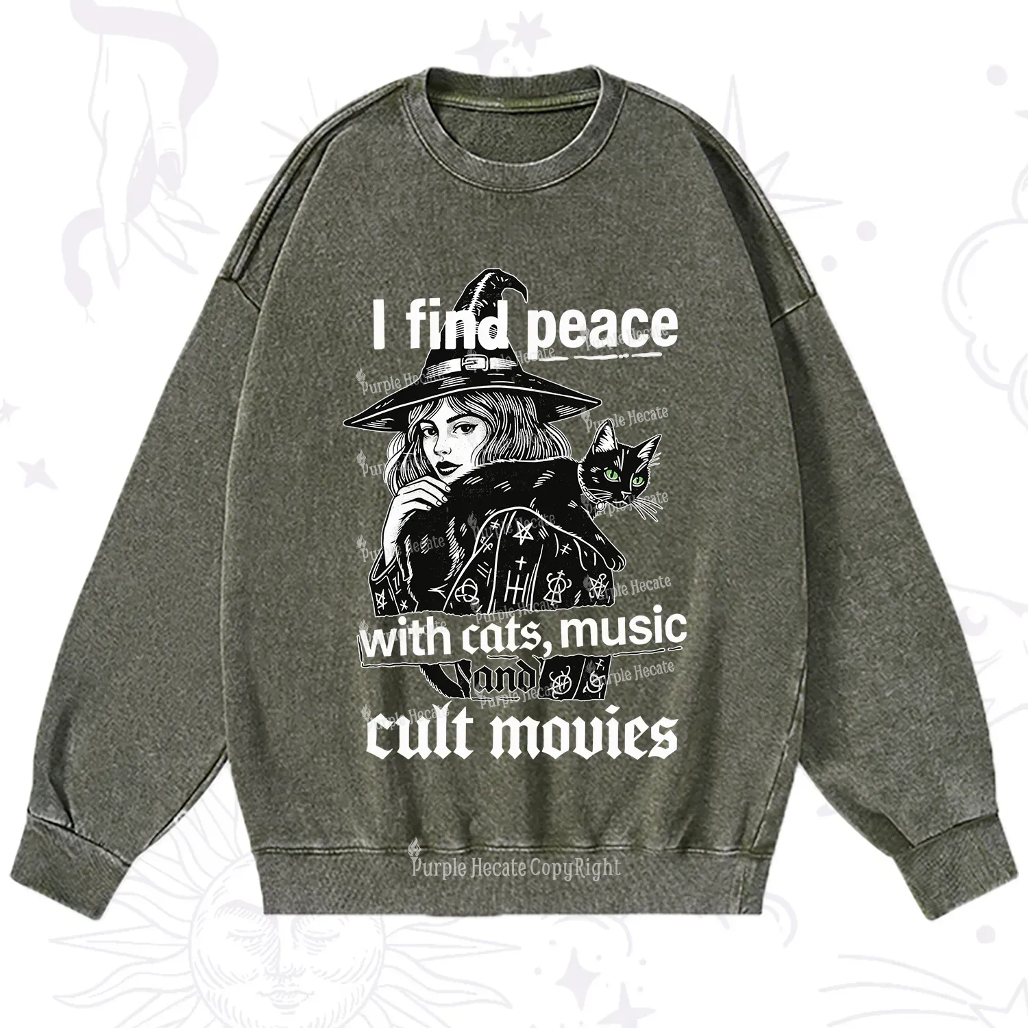Purplehecate I Find Peace With Cats Music Cult Movies Washed Sweatshirt