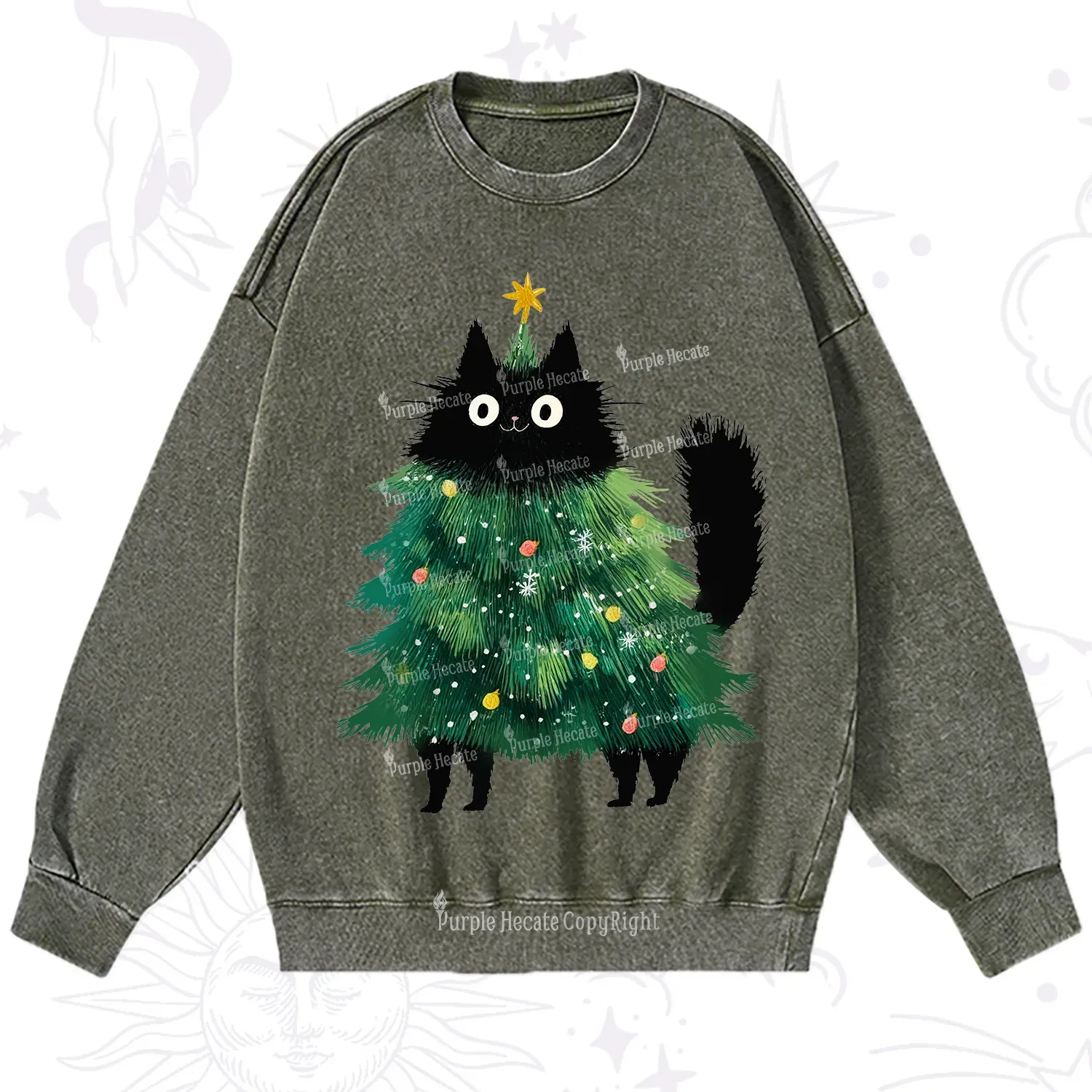Purplehecate Black Cats Christmas Tree Christmas Washed Sweatshirt