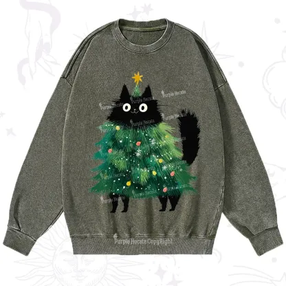 Purplehecate Black Cats Christmas Tree Christmas Washed Sweatshirt