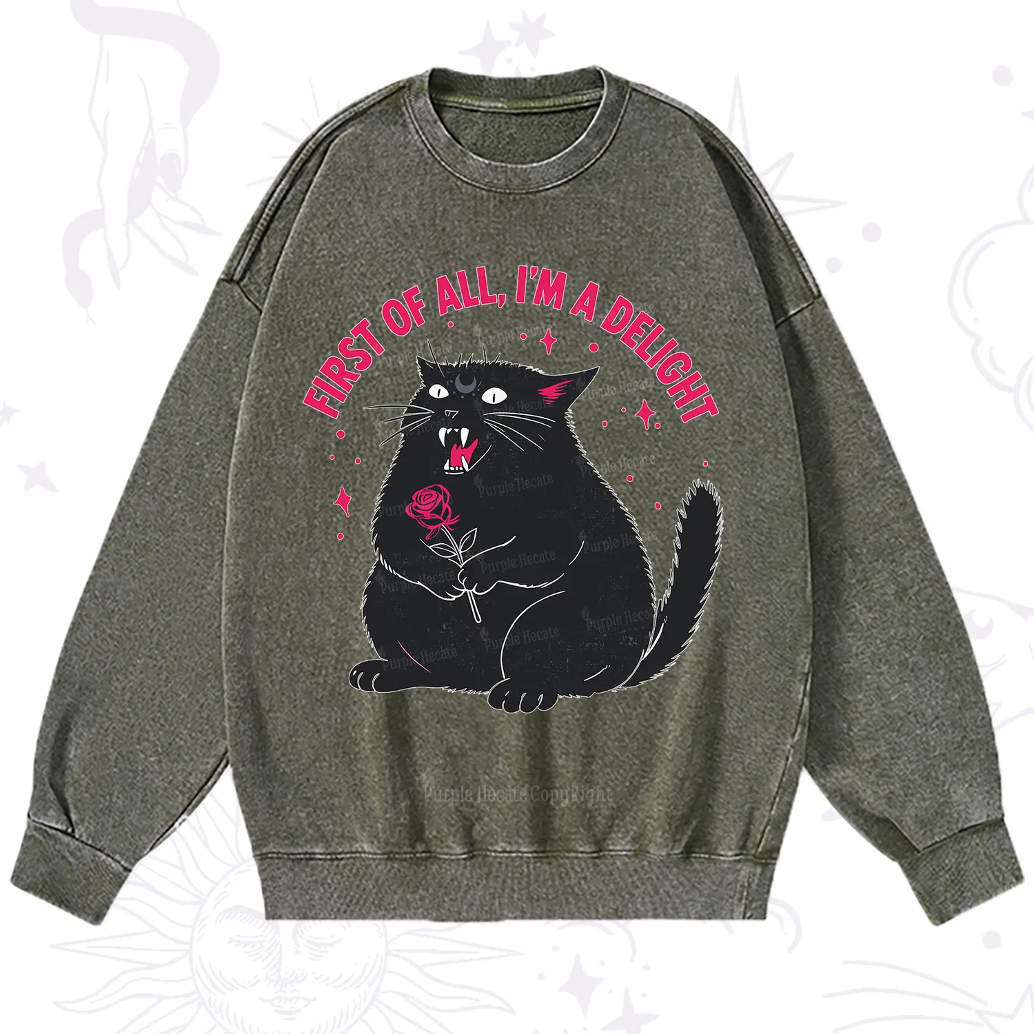 Purplehecate First Of All I'm A Delight Cat Washed Sweatshirt