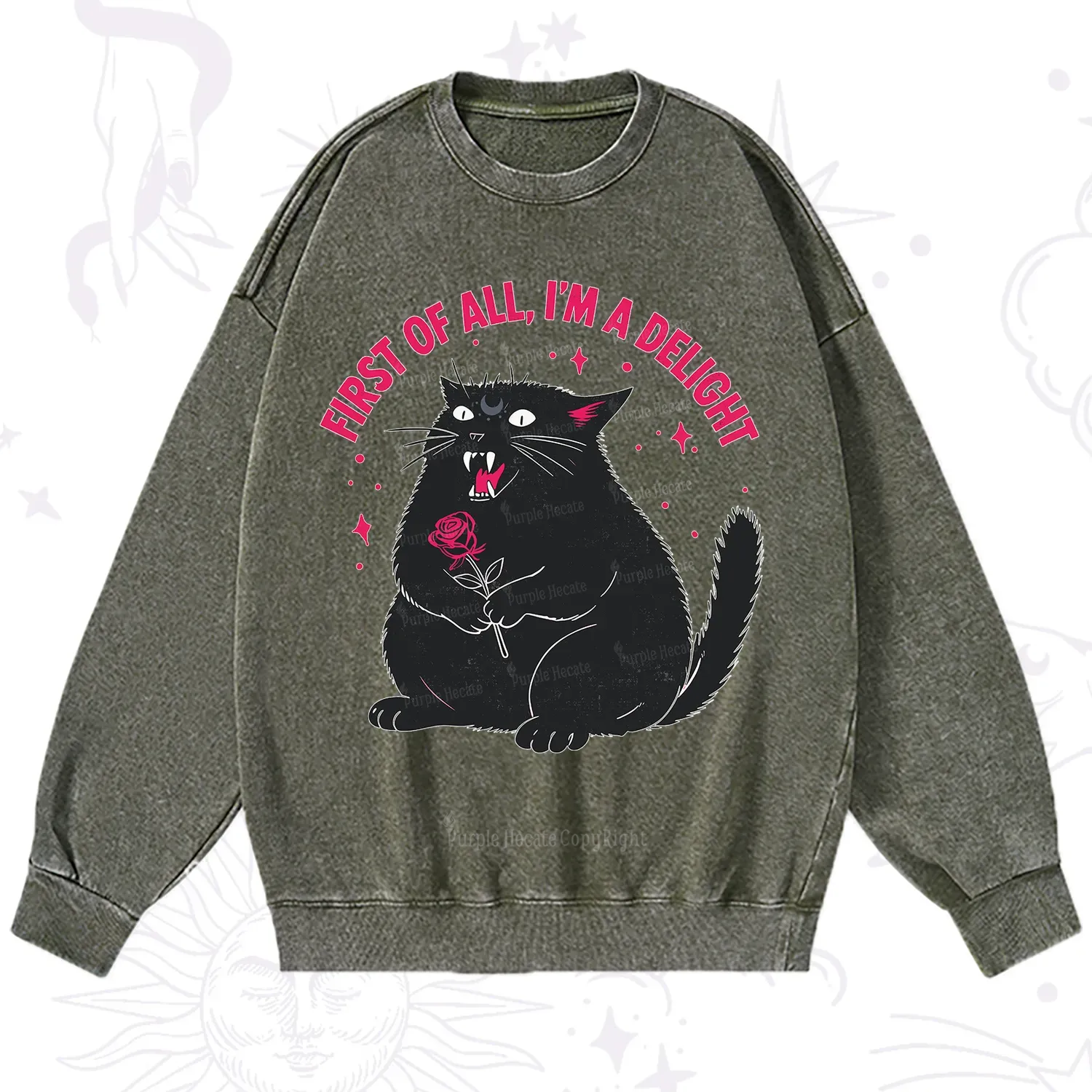 Purplehecate First Of All I'm A Delight Cat Washed Sweatshirt
