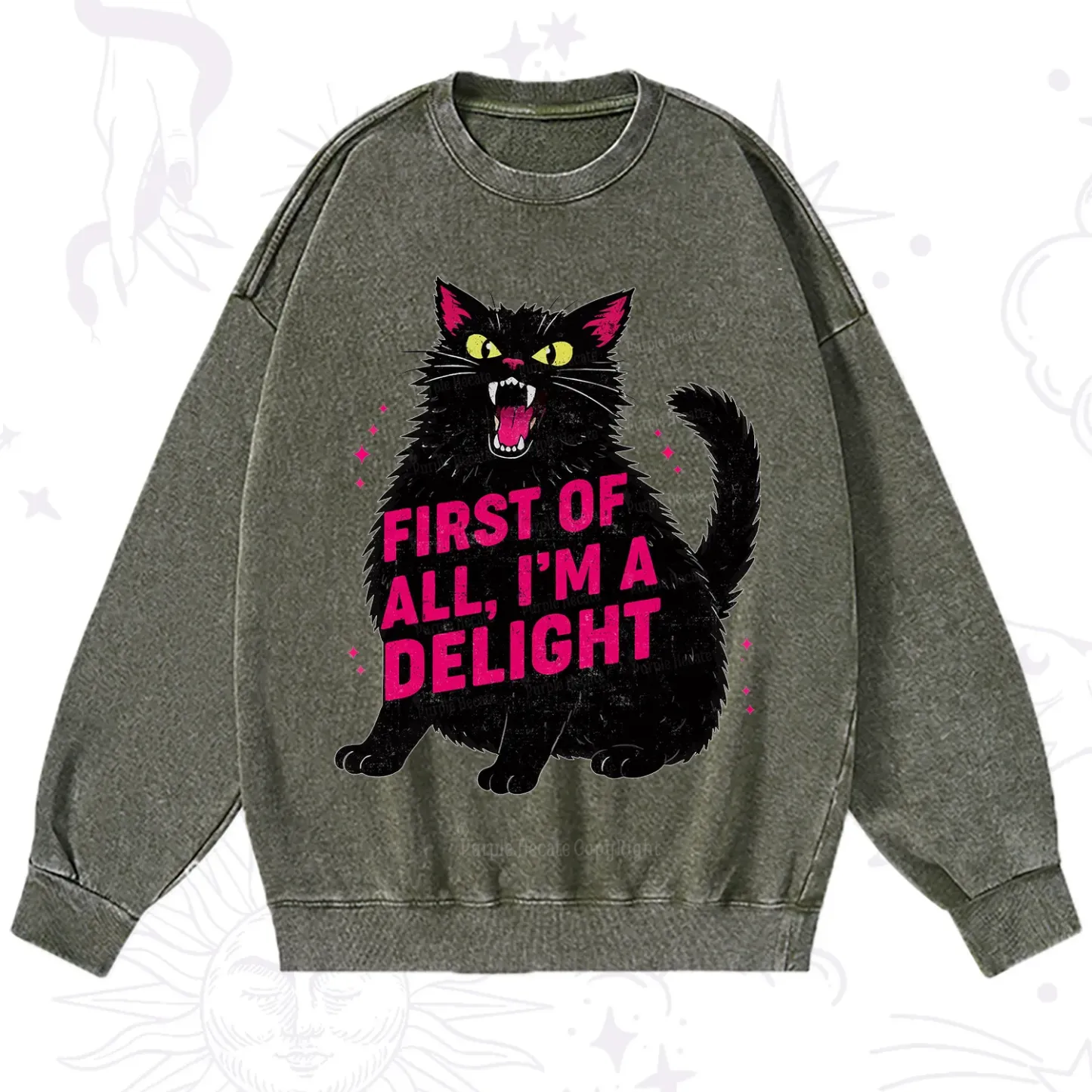 Purplehecate First Of All I'm A Delight Cat Washed Sweatshirt