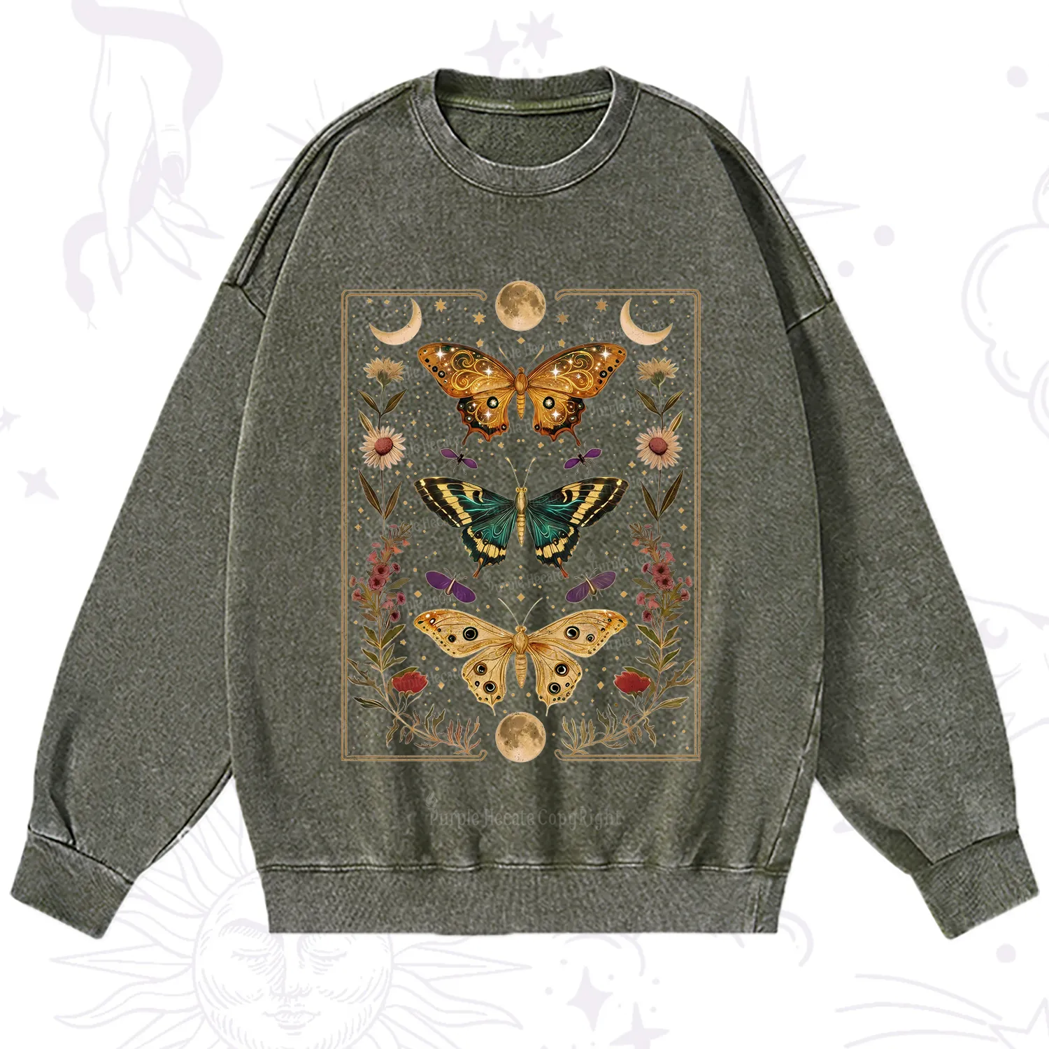 Purplehecate Sun and Moon Butterfly Washed Sweatshirt