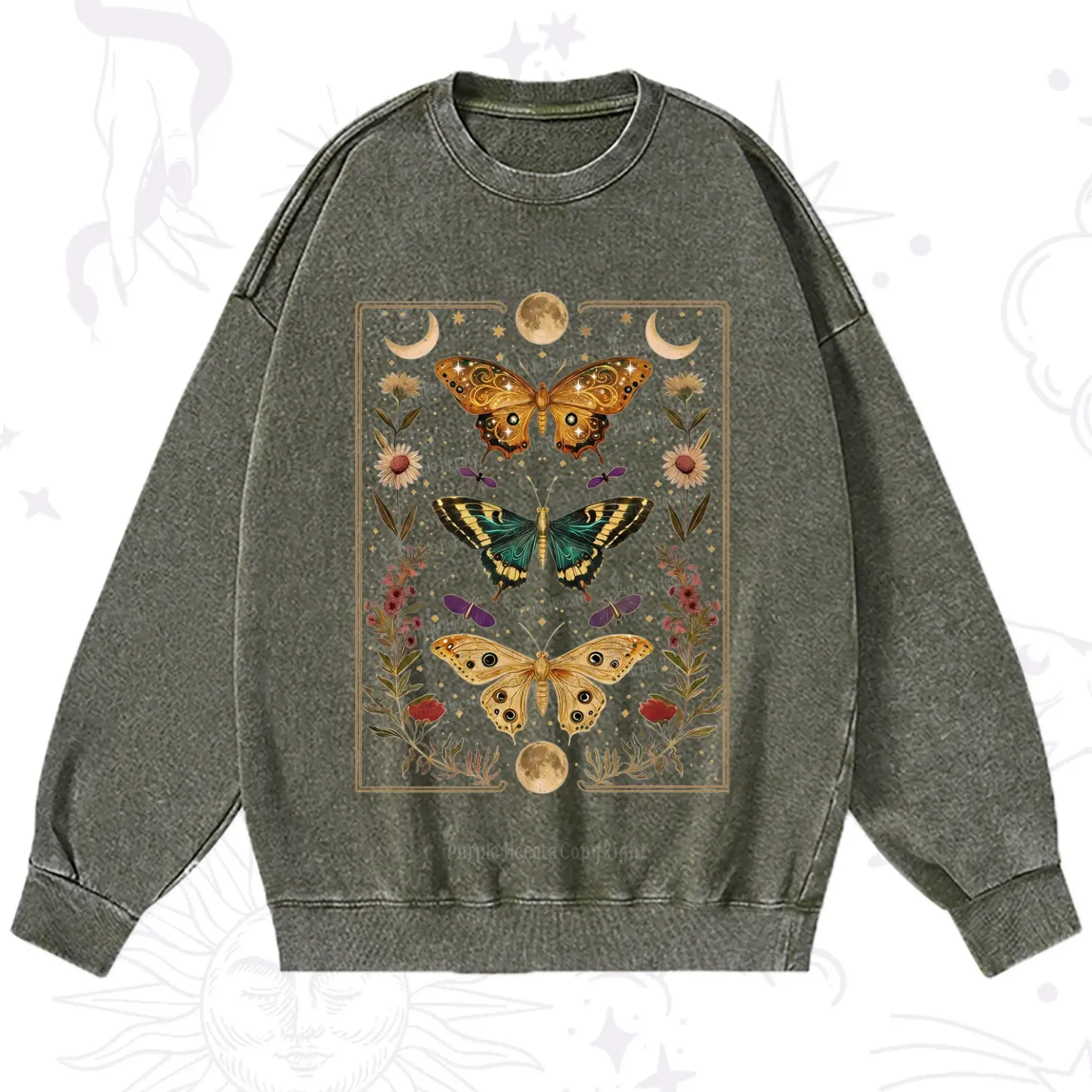 Purplehecate Sun and Moon Butterfly Washed Sweatshirt