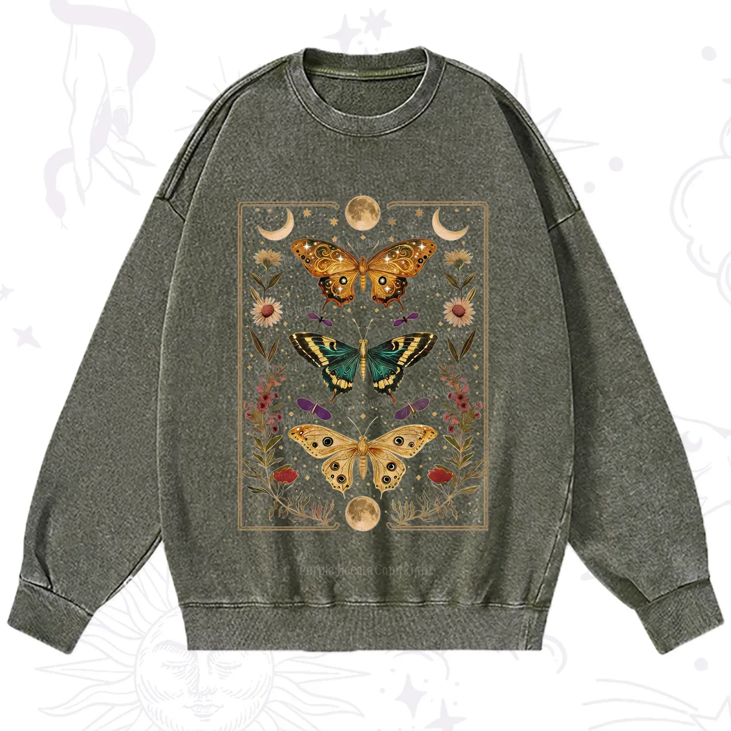 Purplehecate Sun and Moon Butterfly Washed Sweatshirt