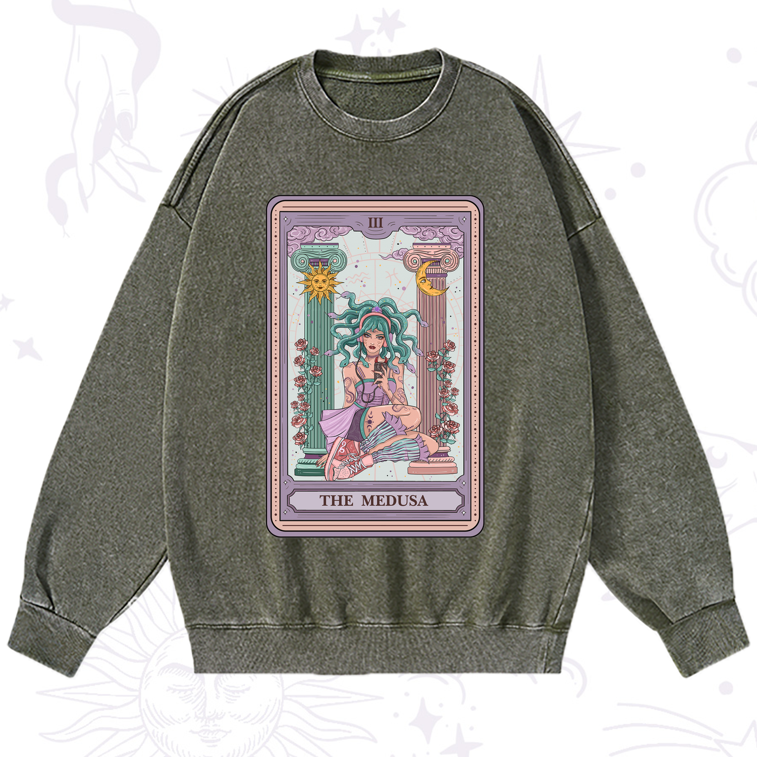 Purplehecate The Fashionable Medusa Tarot Card Washed Sweatshirt