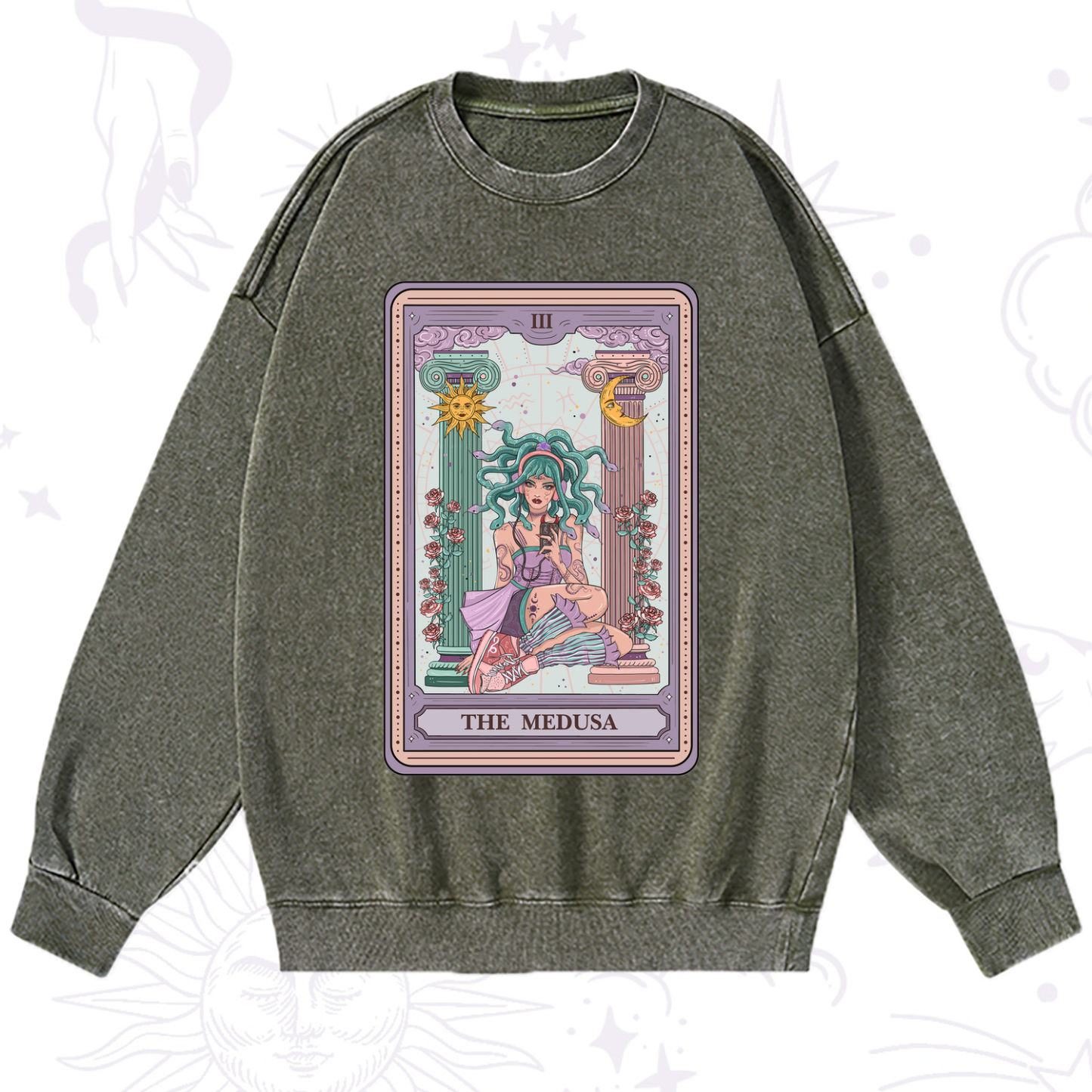 Purplehecate The Fashionable Medusa Tarot Card Washed Sweatshirt