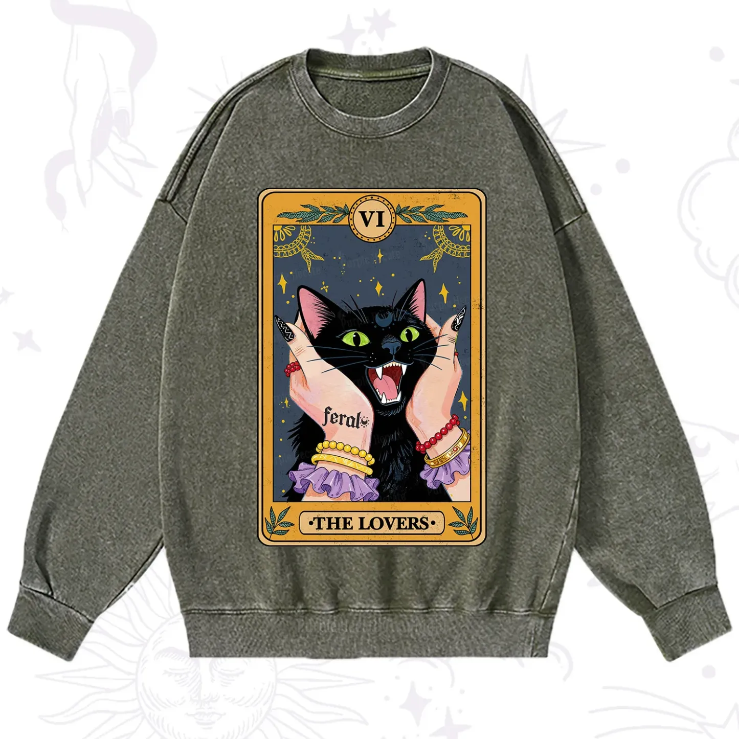 Purplehecate The Lovers Tarot Feral Cat Washed Sweatshirt