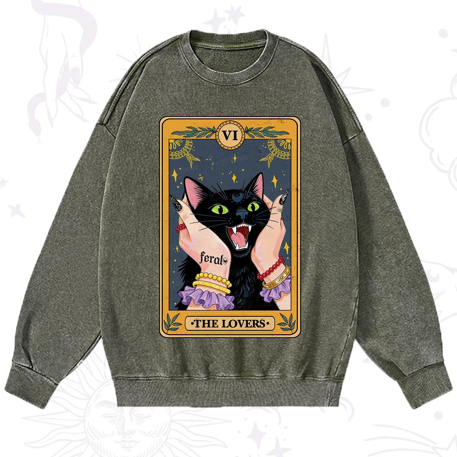Purplehecate The Lovers Tarot Feral Cat Washed Sweatshirt