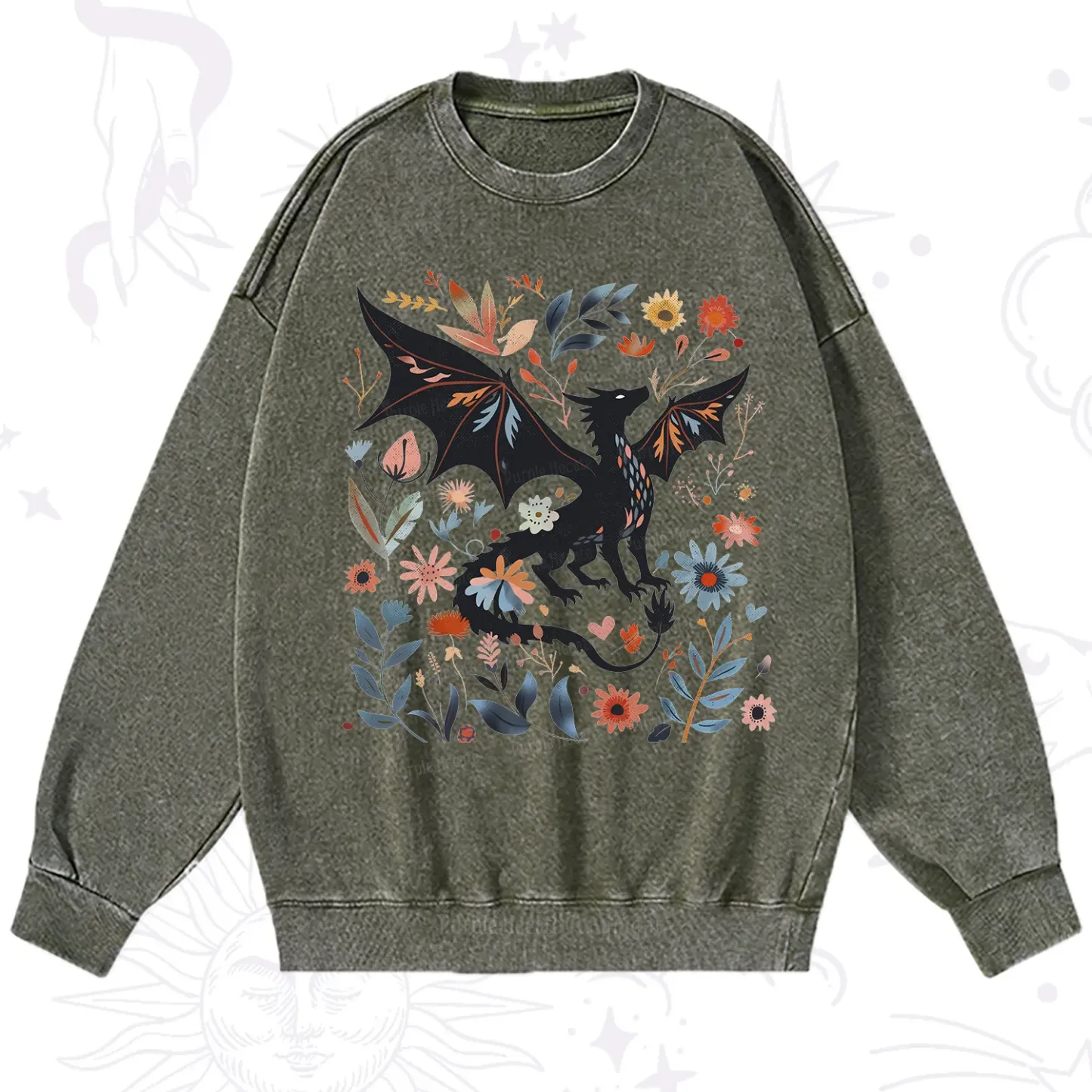 Purplehecate Vintage Fantasy Wyvern Bookish Washed Sweatshirt