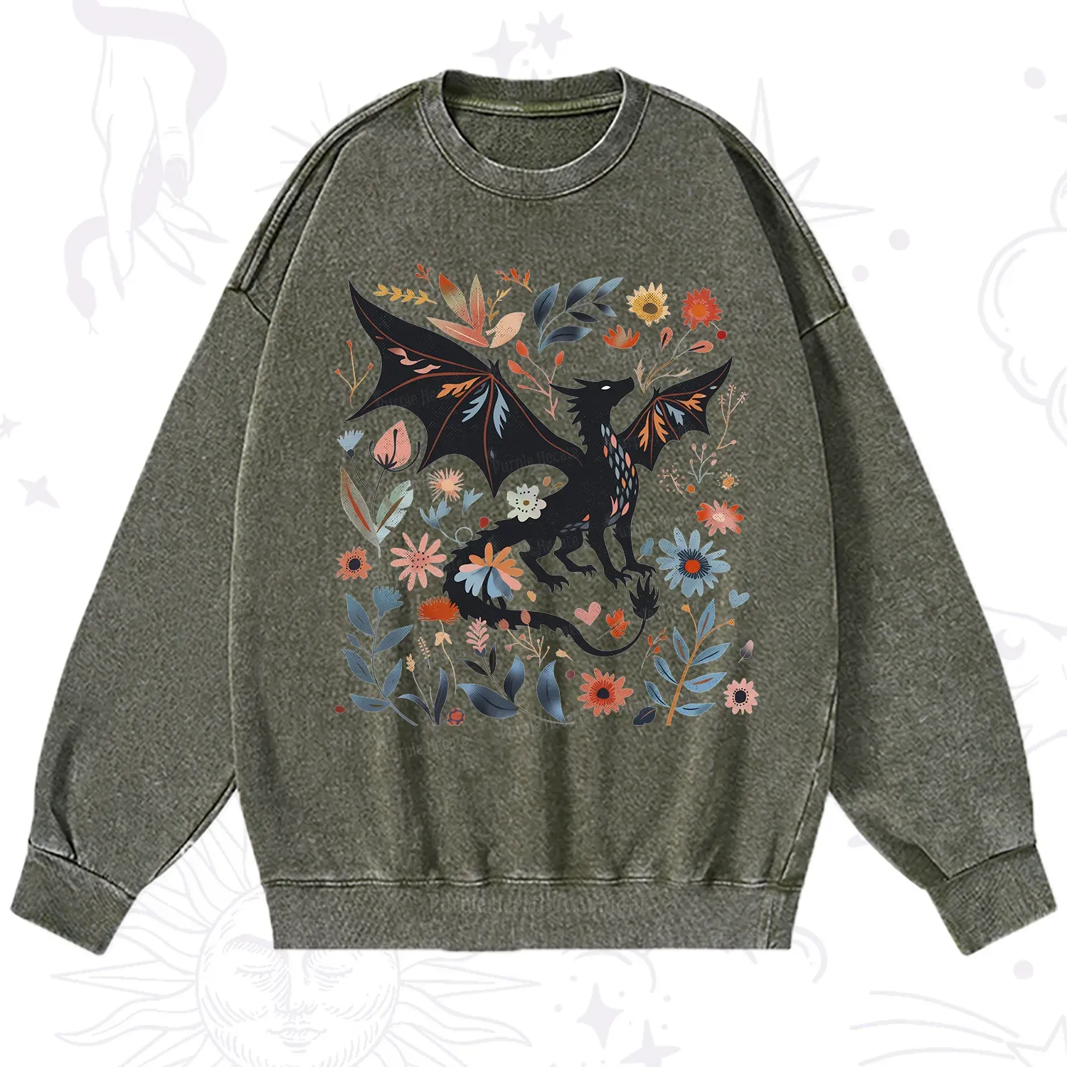Purplehecate Vintage Fantasy Wyvern Bookish Washed Sweatshirt