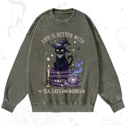 Purplehecate Life Is Better With Cats And Books Washed Sweatshirt