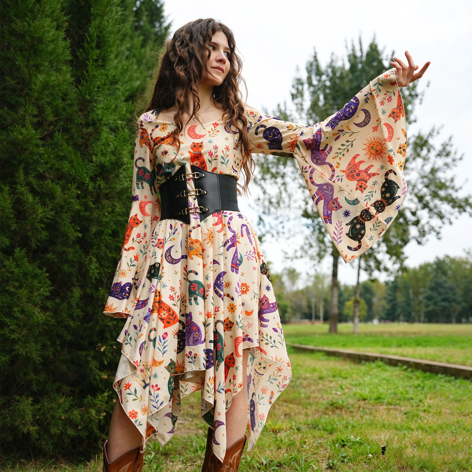 Purplehecate Rainbow Magic Cats Bell Sleeve Dress