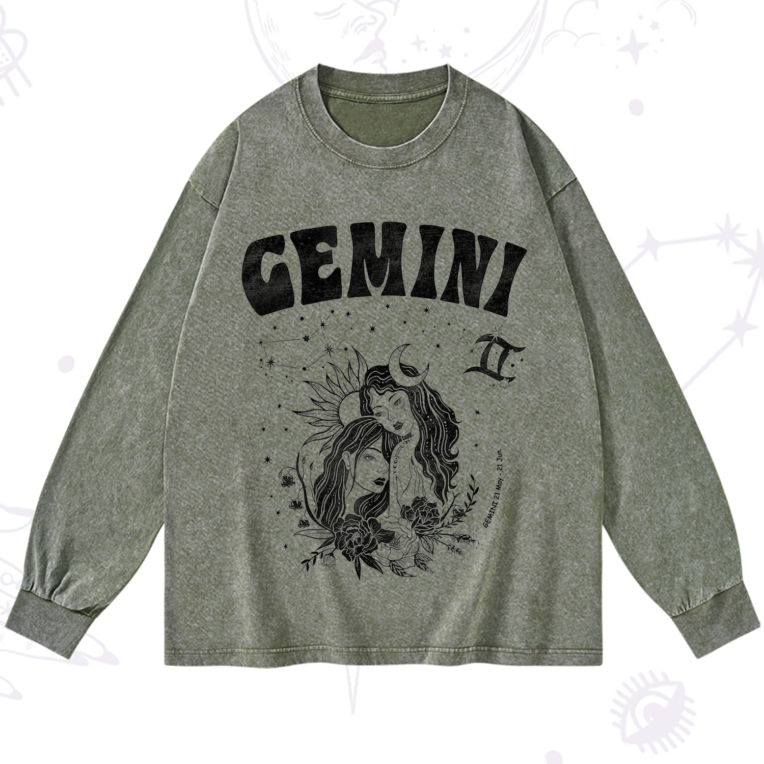 Purplehecate Gemini Zodiac Glyphs  Washed Long Sleeve Shirt