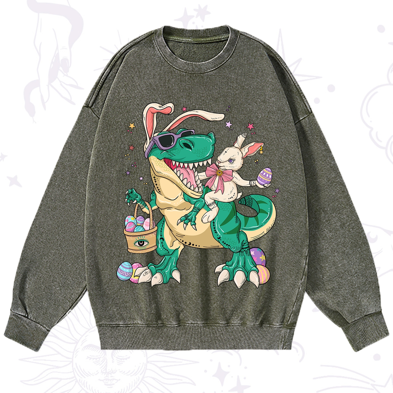 Purplehecate Easter Bunny Riding Dinosaur Washed Sweatshirt