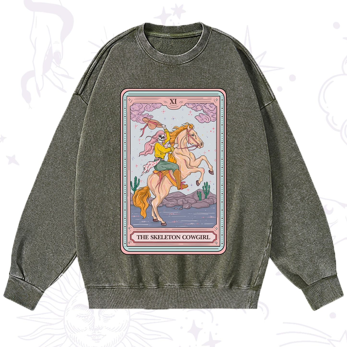 Purplehecate The Skeleton Cowgirl Tarot Card Washed Sweatshirt