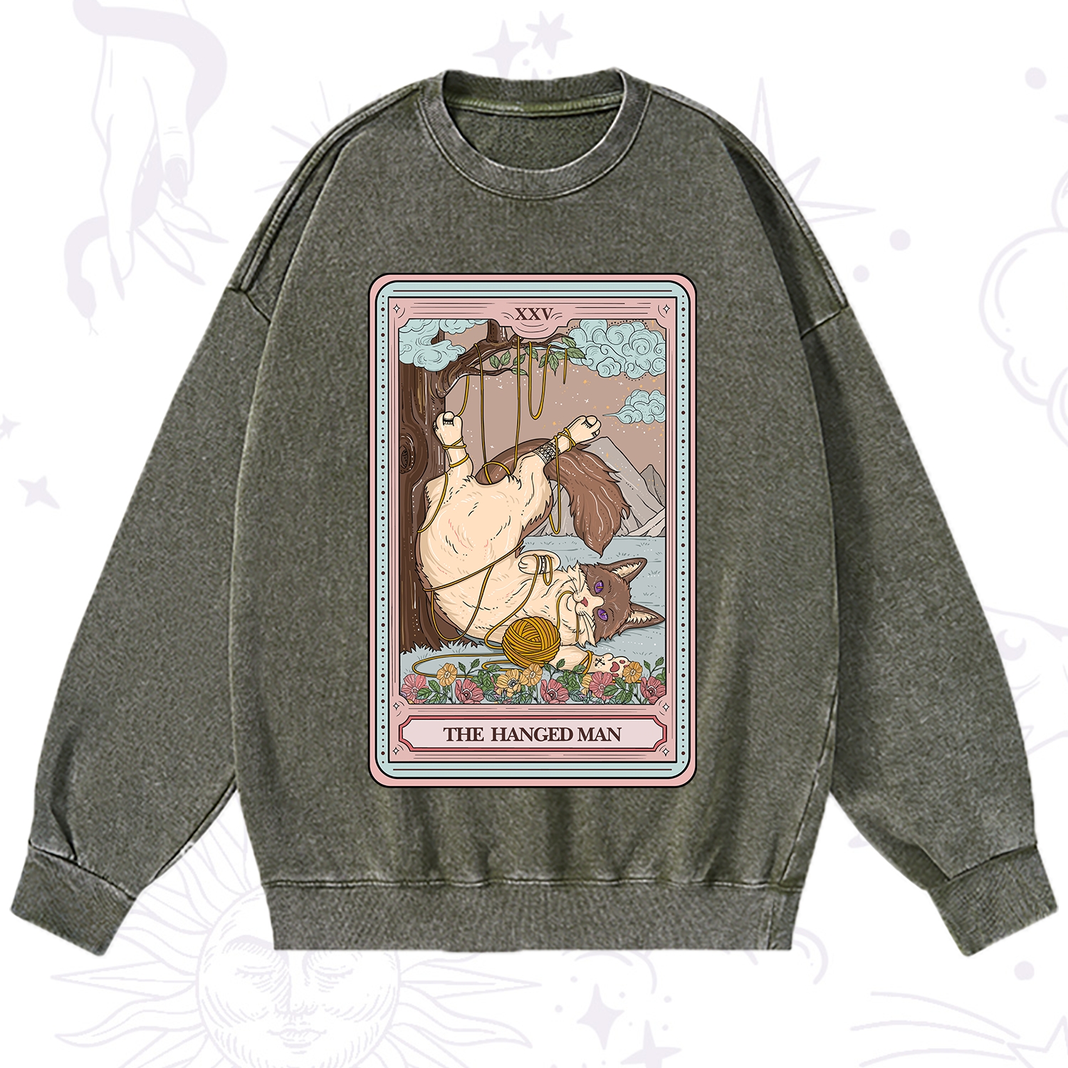 Purplehecate The Hanged Man Tarot Cat Washed Sweatshirt
